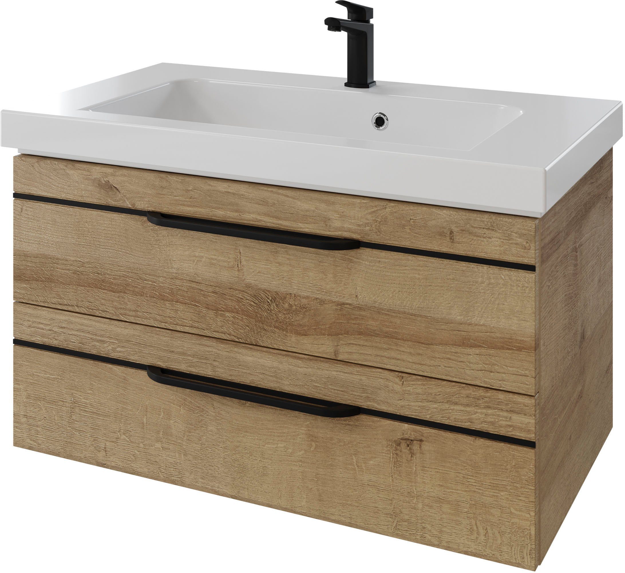 Saphir Wastafelonderkast Serie Balto mineraalmarmeren wastafel met onderkast, 92 cm breed Wastafelmeubel met 2 laden, badkamerkast in verschillende
