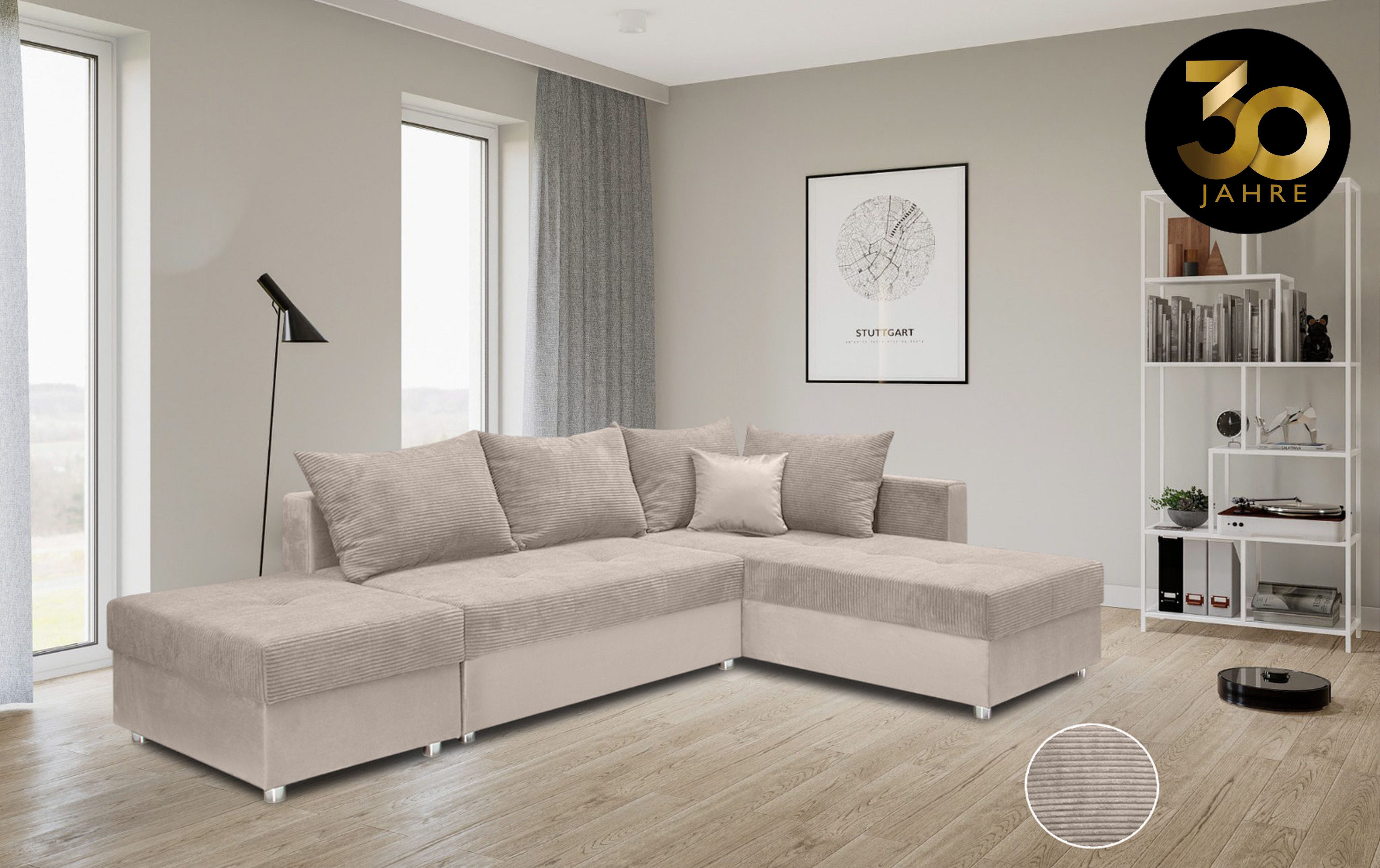 COLLECTION AB Hoekbank Italia L-vorm met slaapbank functie en bedbox, in mix van fluweel en ribfluweel