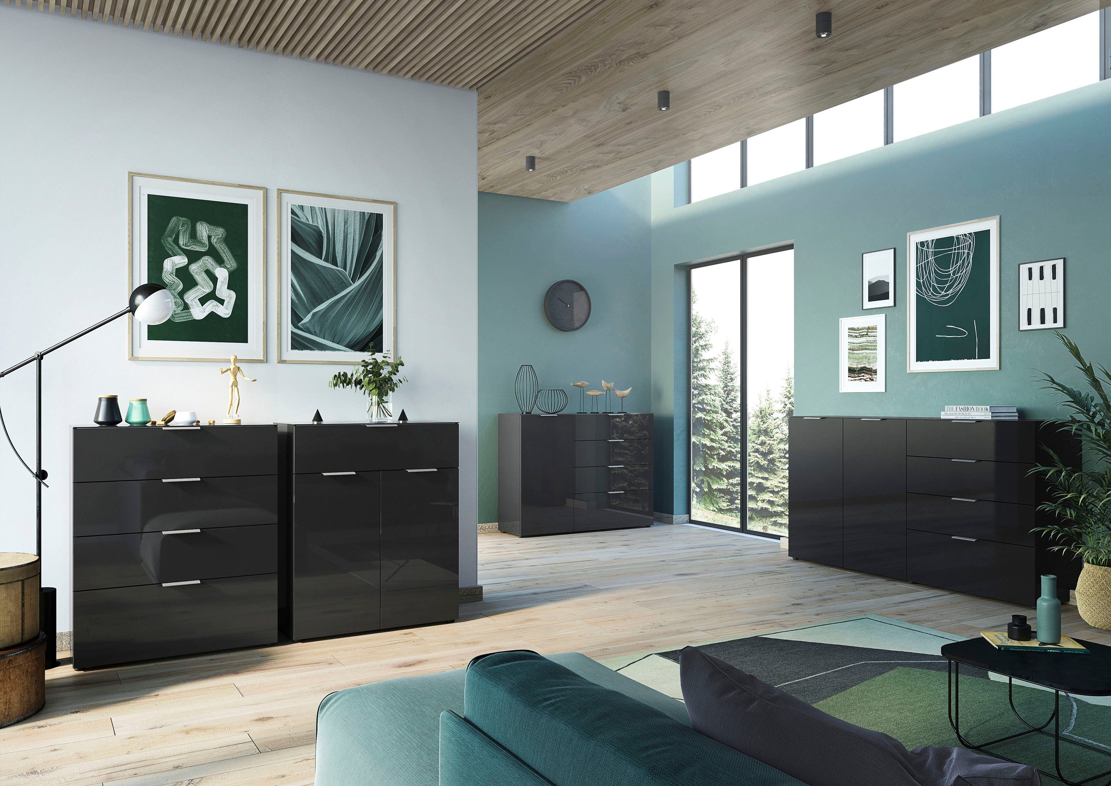 GERMANIA Kast met laden en deuren OAKLAND Breedte 83 cm , fronten en bovenblad met glas-inlay