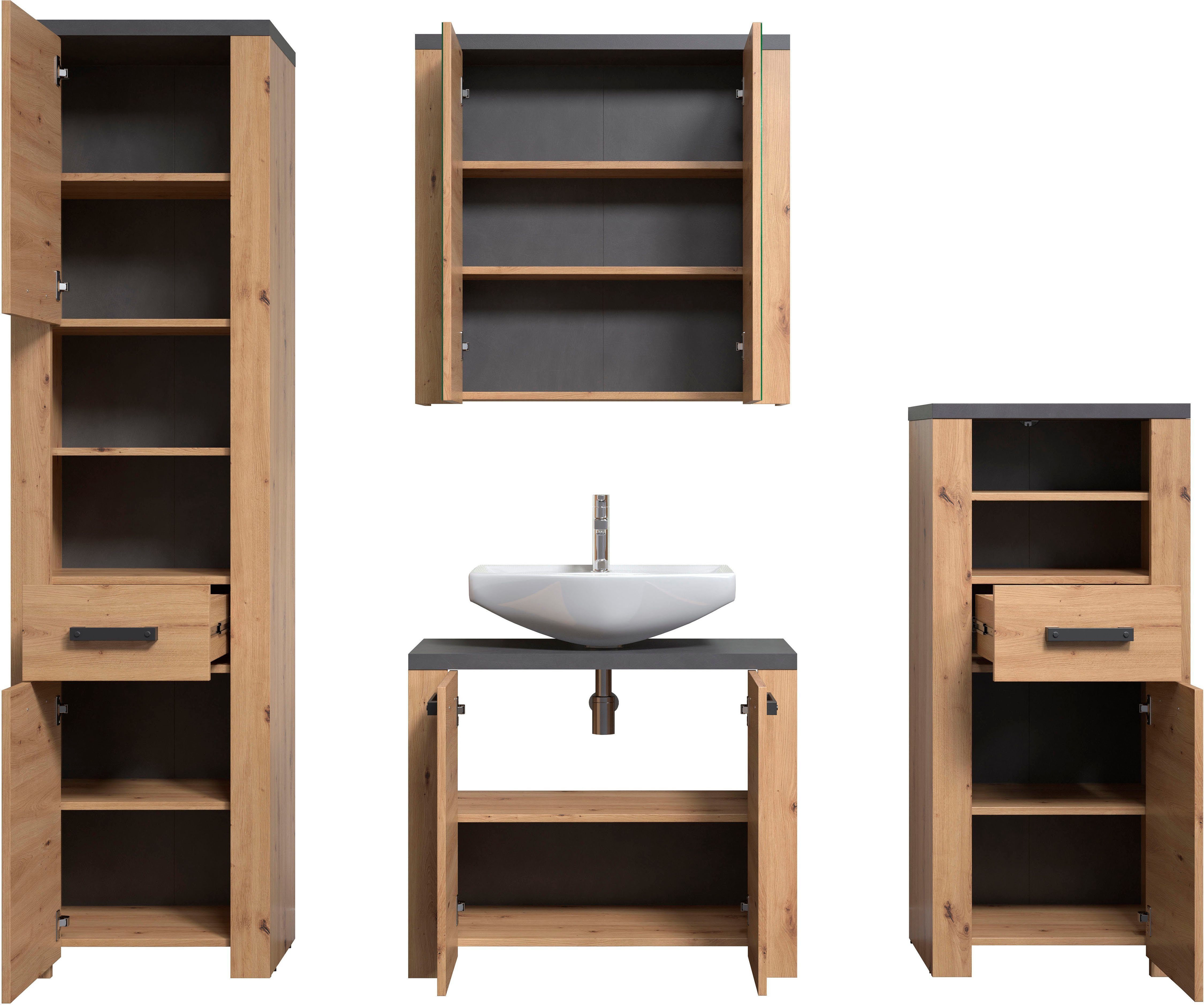 Home affaire Badkamerset Ambres Badkamermeubels in matte echt houtlook - afmetingen (B/D/H) 215/35/196 cm (4-delig)