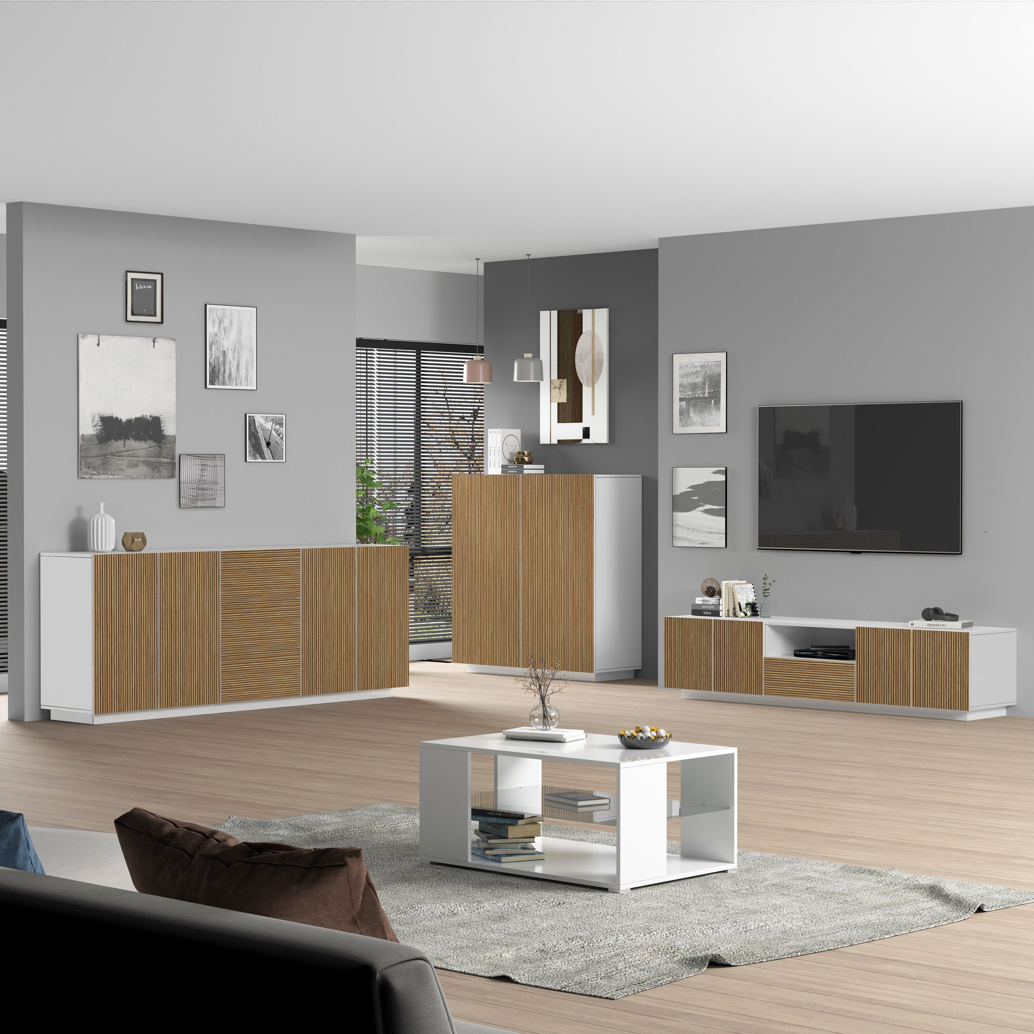 INOSIGN Tv-meubel Vega, Lowboard, TV-meubel, TV-kast, 220 cm met 4 deuren en 1 lade, fronten met groeflook