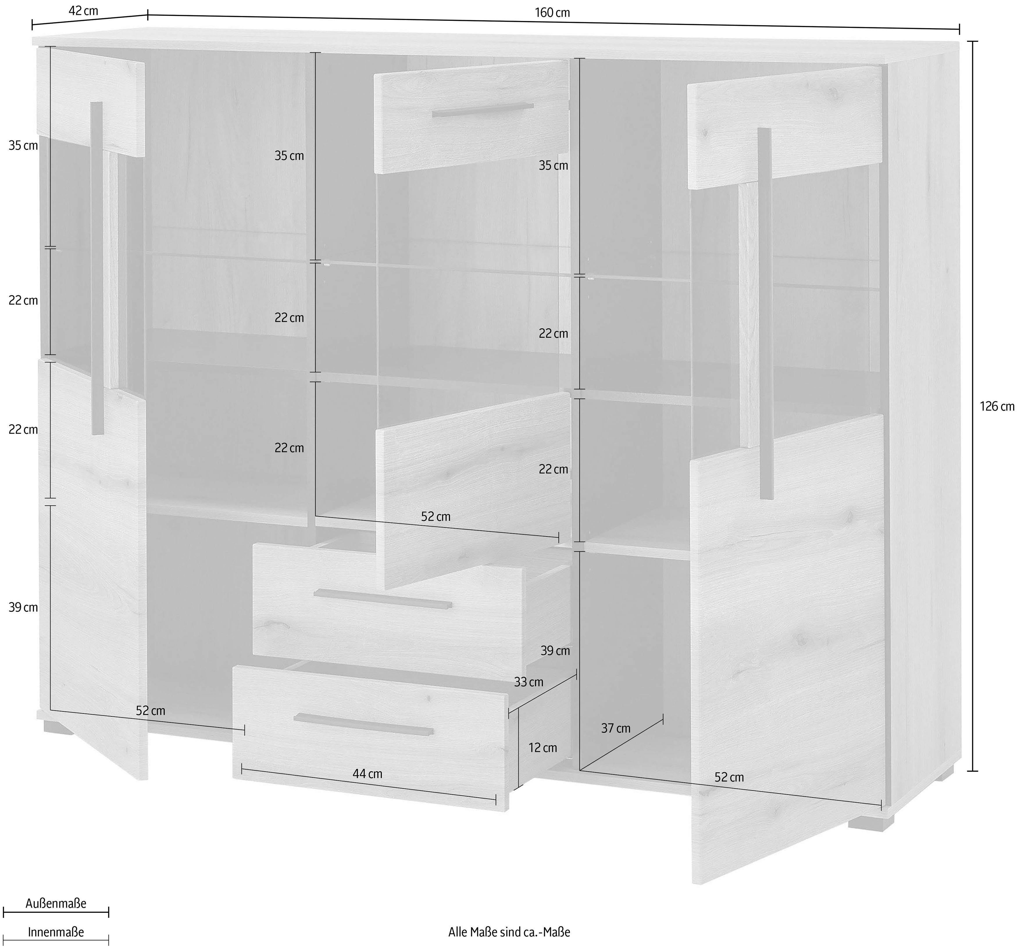 INOSIGN Highboard Cantara, moderne kast, vitrinekast in Eiken decor of wit zwarte stanggreep, voldoende opbergruimte, veelzijdig inzetbaar