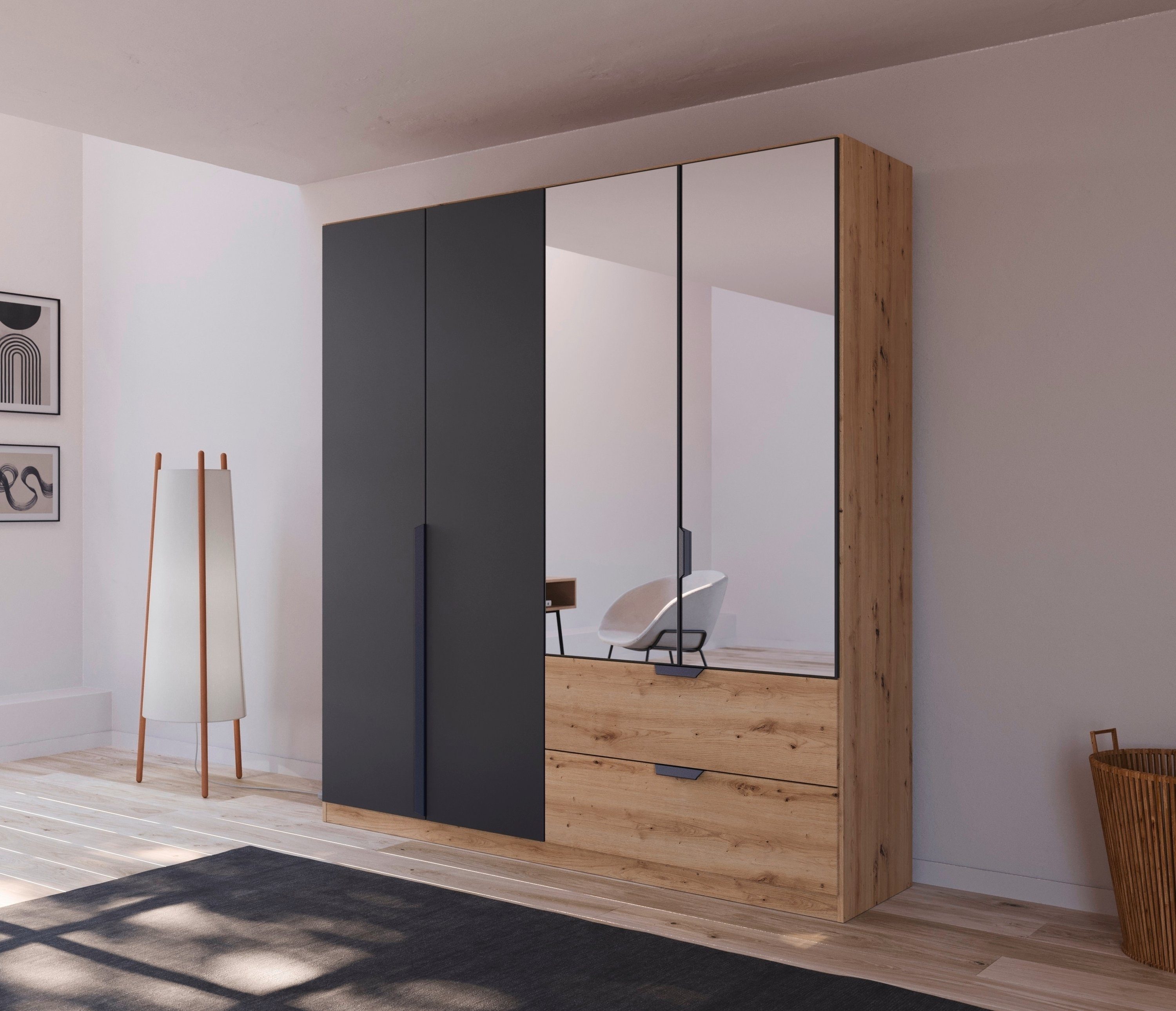 rauch Draaideurkast Dark&Wood by Quadra Spin in industriële stijl met laden in eikendecor, met spiegel