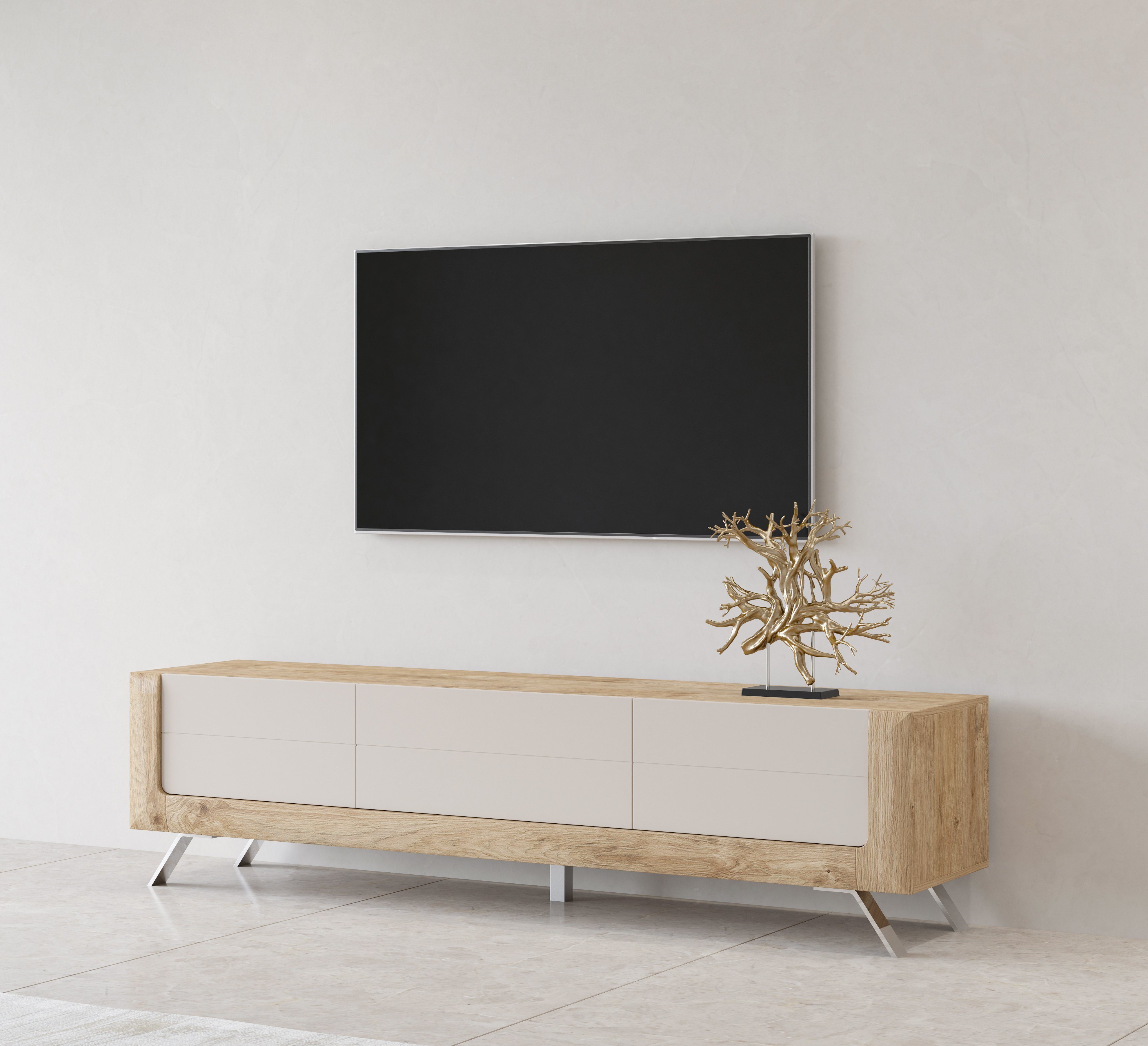 Leonique Tv-meubel Kasai Breedte 199 cm, met 1 lade en 2 deuren lowboards beige
