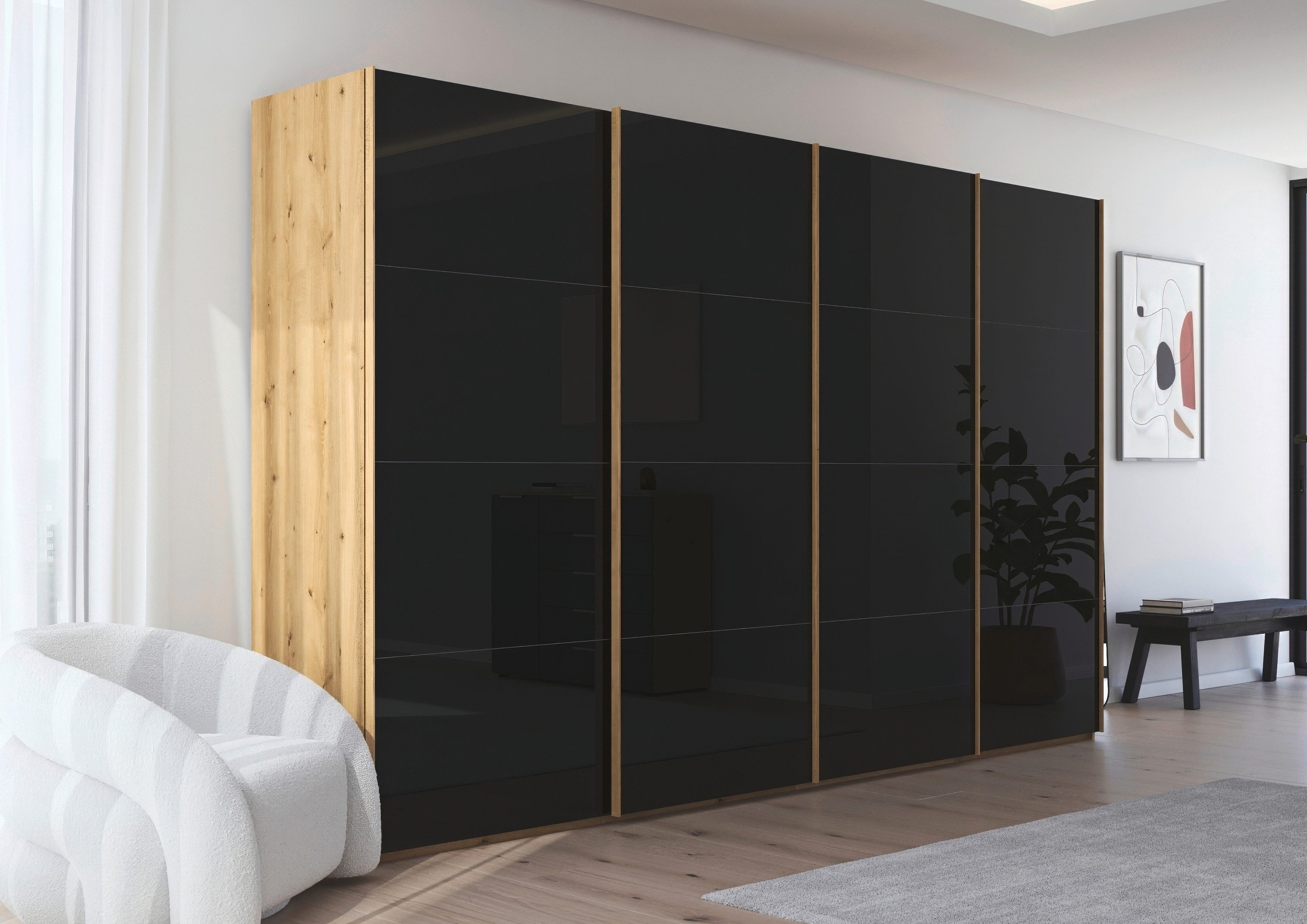 rauch Schuifdeurkast Kledingkast Kast Garderobe Slaapkamerkast SCALE-FYRA edel vierdelige deuren met glas-front veel kleuren made in germany