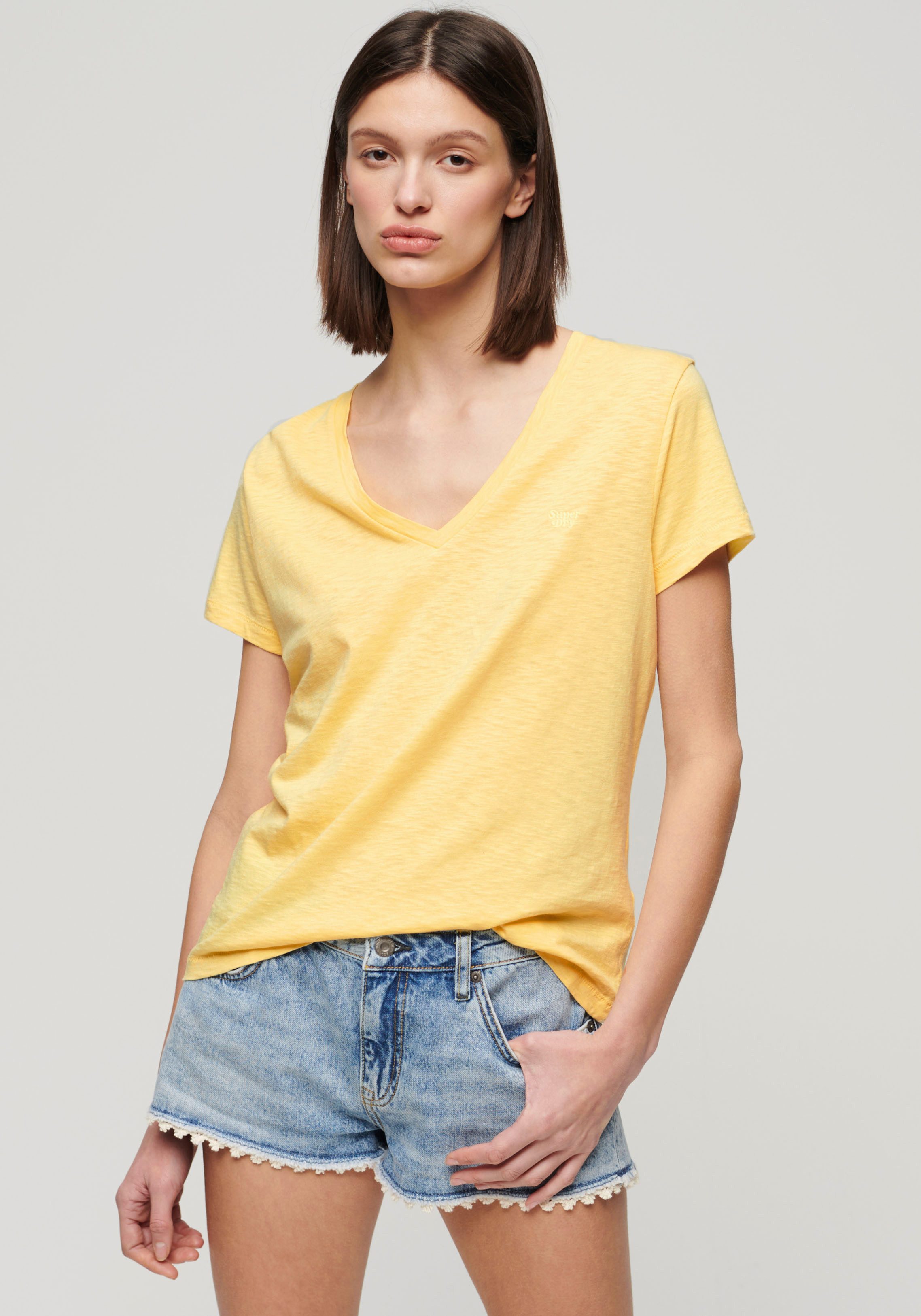 Superdry Shirt met V-hals STUDIOS SLUB EMB VEE TEE gestructureerd t-shirt met v-hals en borduursel dames v-hals shirts maat XL geel
