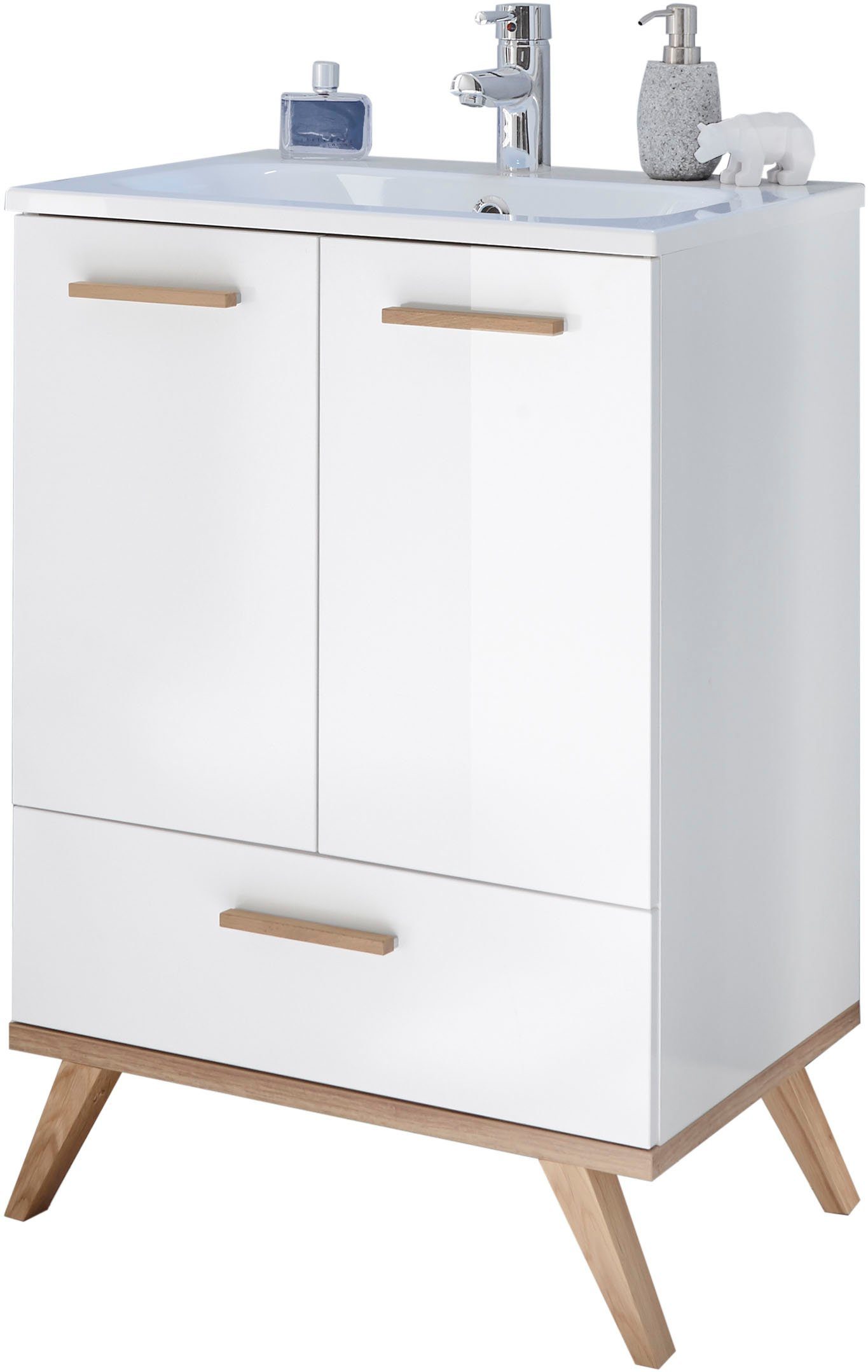 Saphir Badkamerserie Quickset 2-delig, mineraalmarmeren wastafel en LED-spiegel Wastafel 61 cm breed, 2 deuren, 1 lade, spiegelplank, bad-set (4-delig)