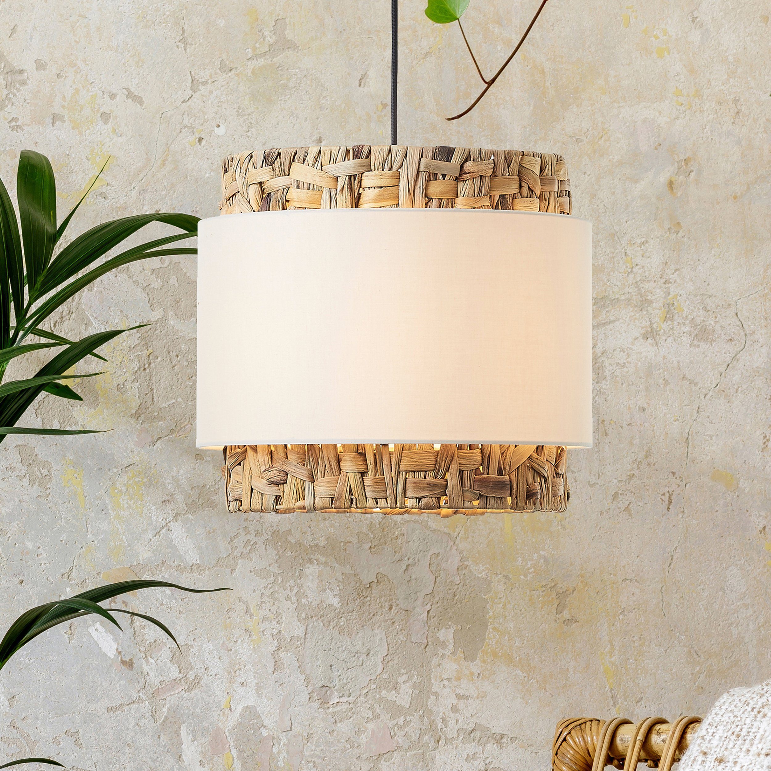 Brilliant Leuchten Hanglamp Waterlilly Hoogte 140 cm, Ø 35 cm, E27, inkortbaar, textiel/waterhyacint