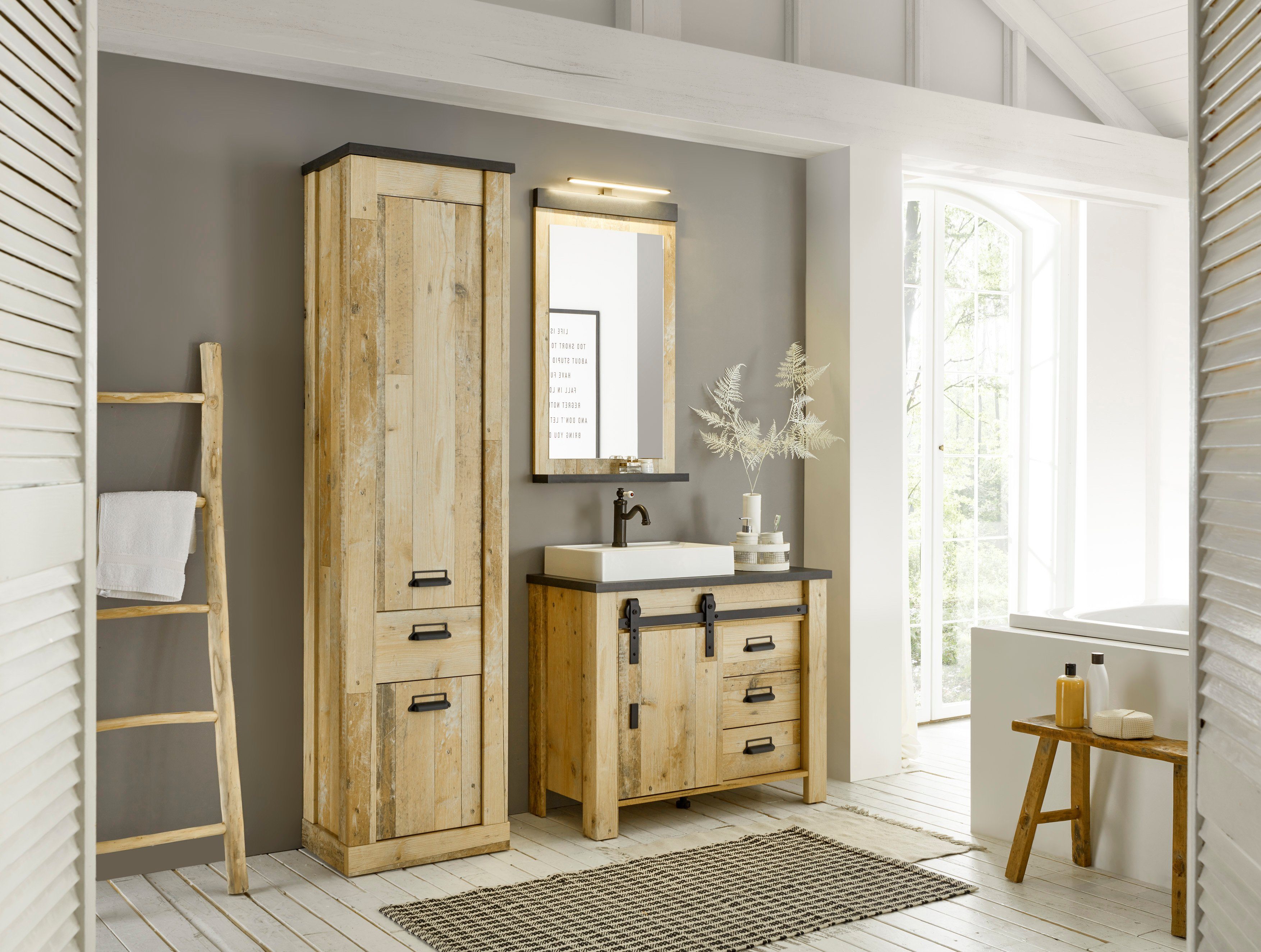 Home affaire Badkamerserie SHERWOOD, Bad im modernen Design, 3-teiliges Badezimmer in houtdecor, met schuurdeurbeslag en apothekersgrepen van metaal (3-delig)