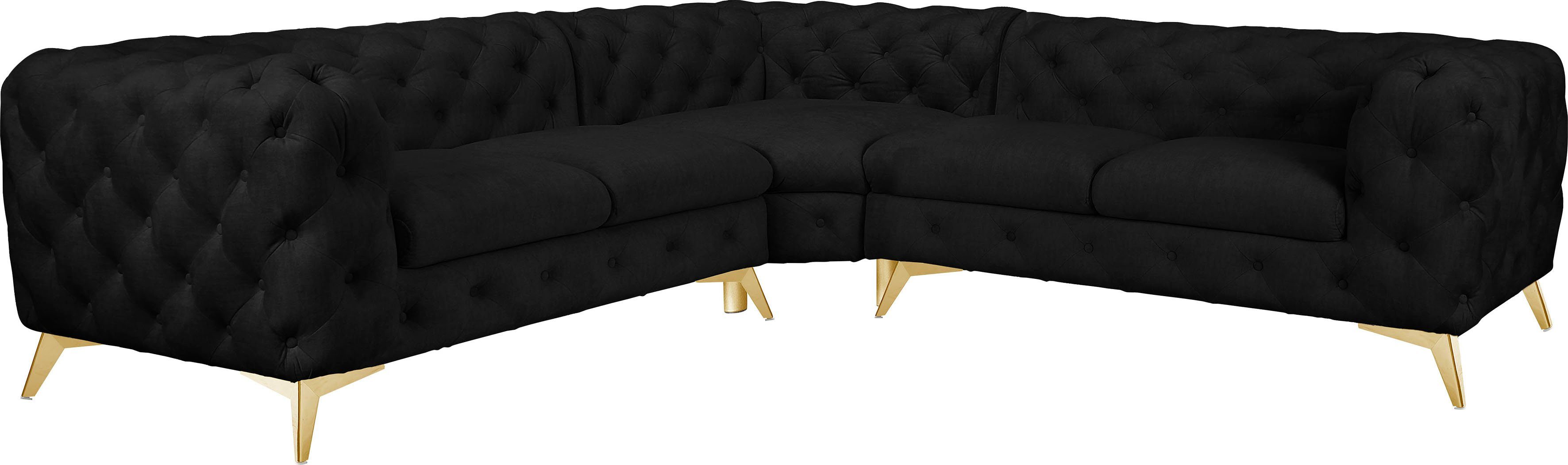 Leonique Chesterfield-bank Glynis L-vorm luxueuze capitonnage, moderne chesterfield look, kleur van de poten ter keuze zwart, chesterfield banken,