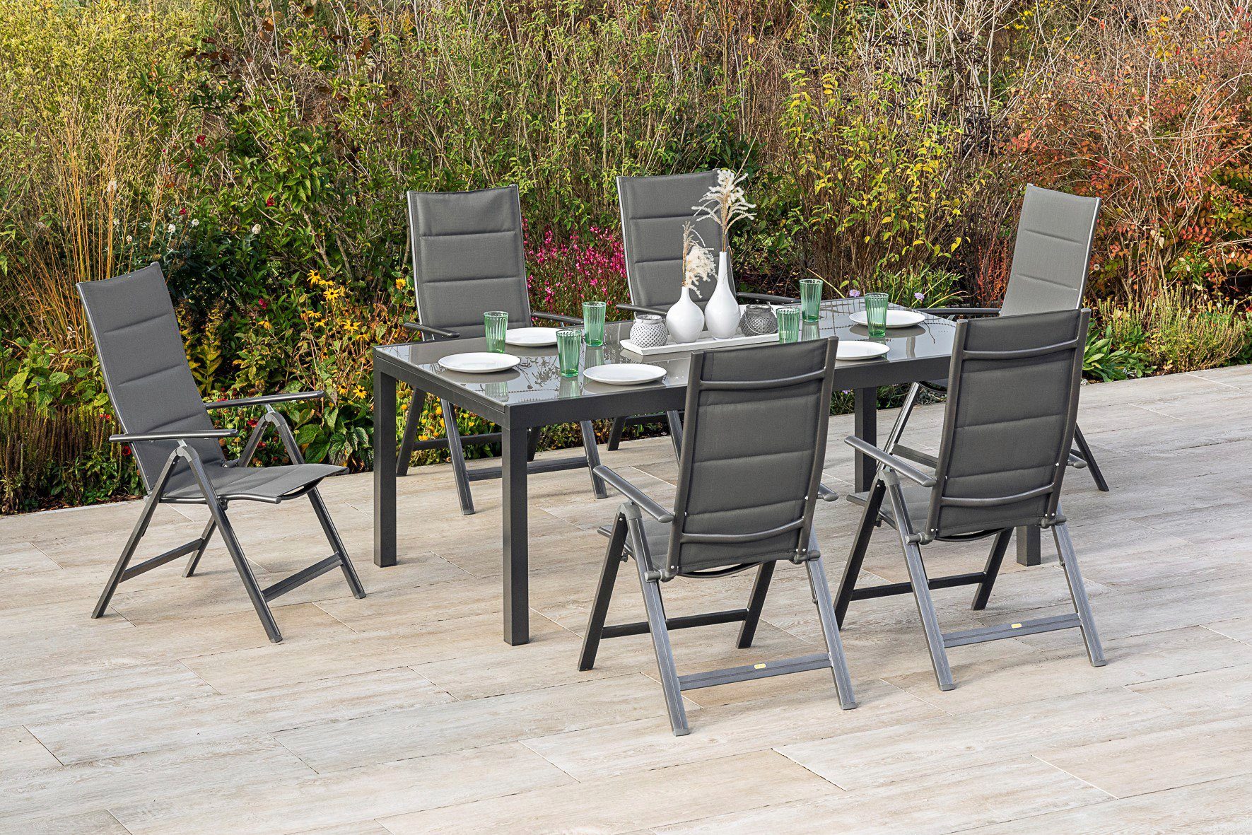 MERXX Tuin-eethoek Taviano 6 klapstoelen, 5-voudig verstelbaar, uitschuifbare tafel (set, 7-delig)