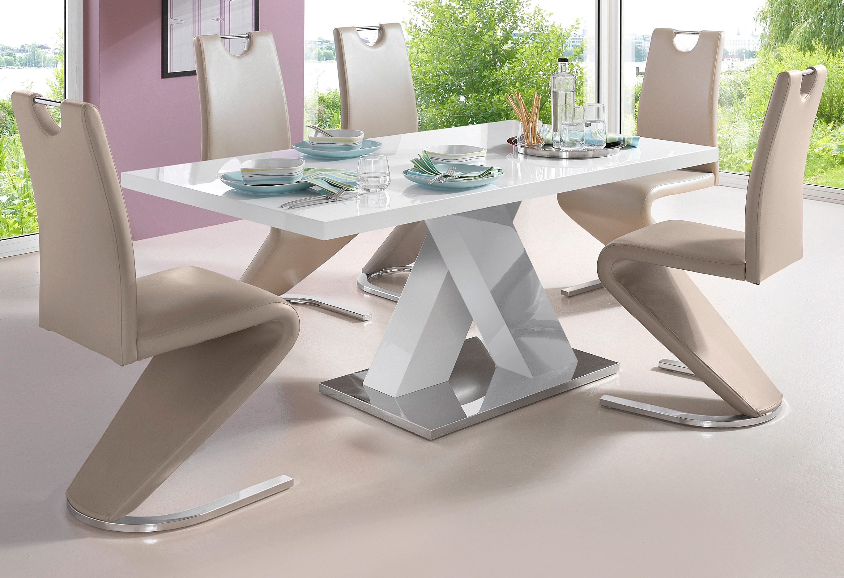 INOSIGN Eettafel Ali, TOPSELLER! Modern design Breedte 160 cm, wit hoogglans, bodemplaat van metaal