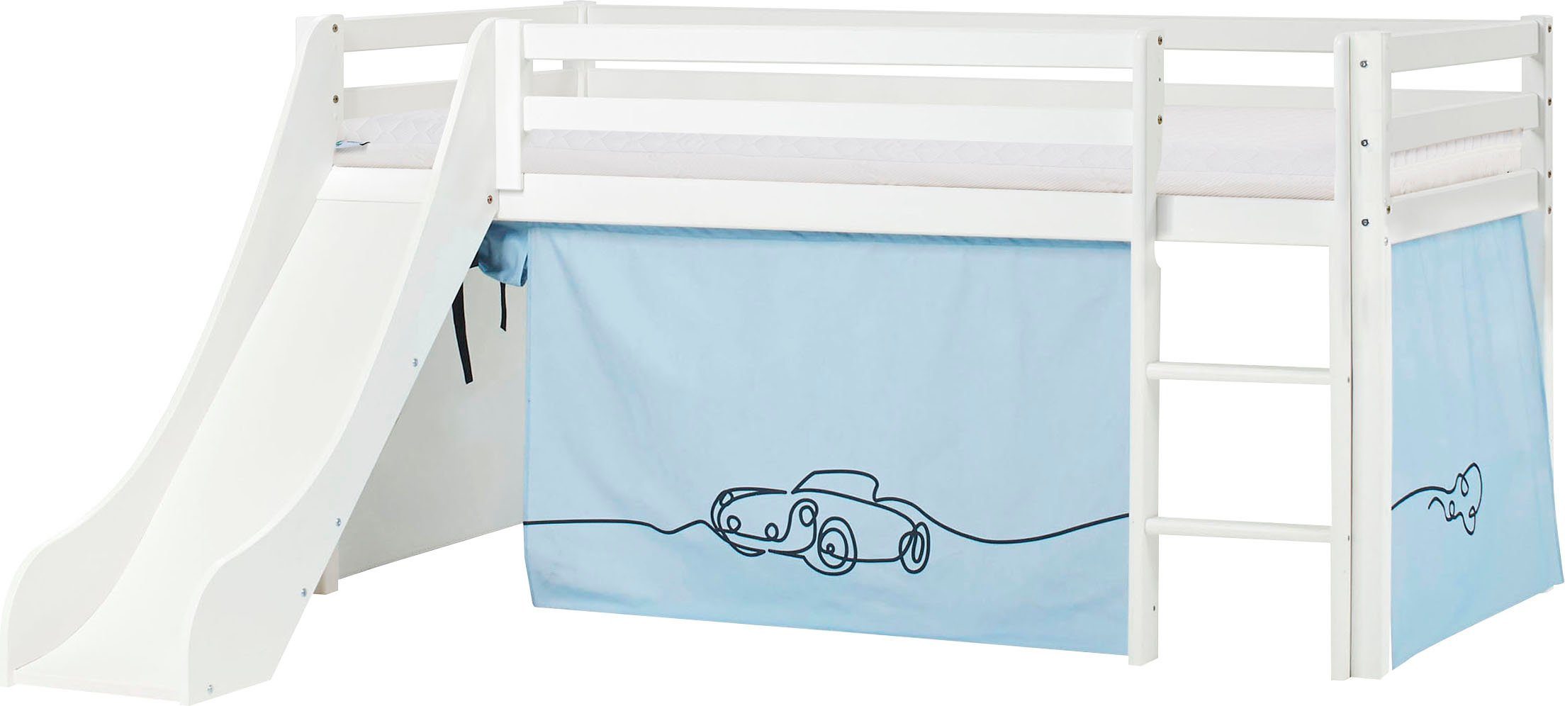 Hoppekids Hoogslaper "Cars" Glijbaan & gordijn blauw en veel keus