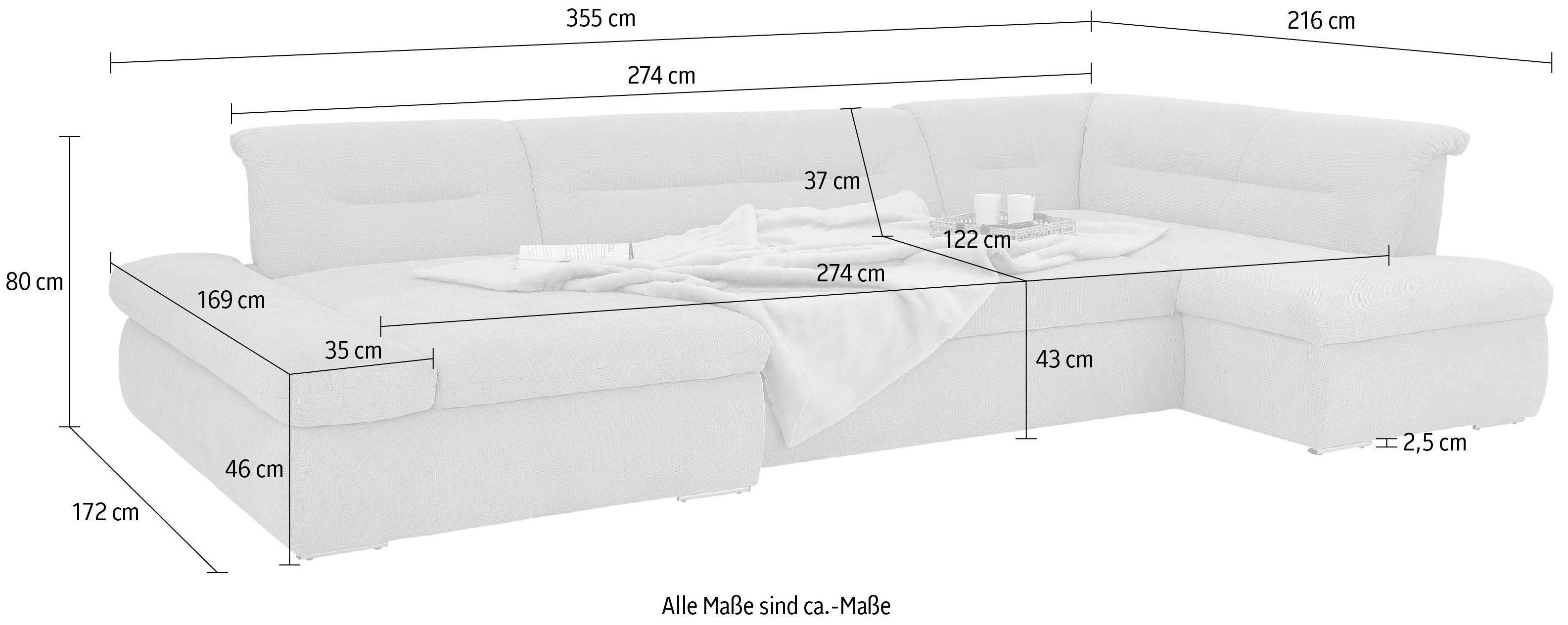 INOSIGN Zithoek Avesa U-vorm Naar keuze met verstelbare armleuningen en slaapfunctie, bxdxh: 355x216x80cm