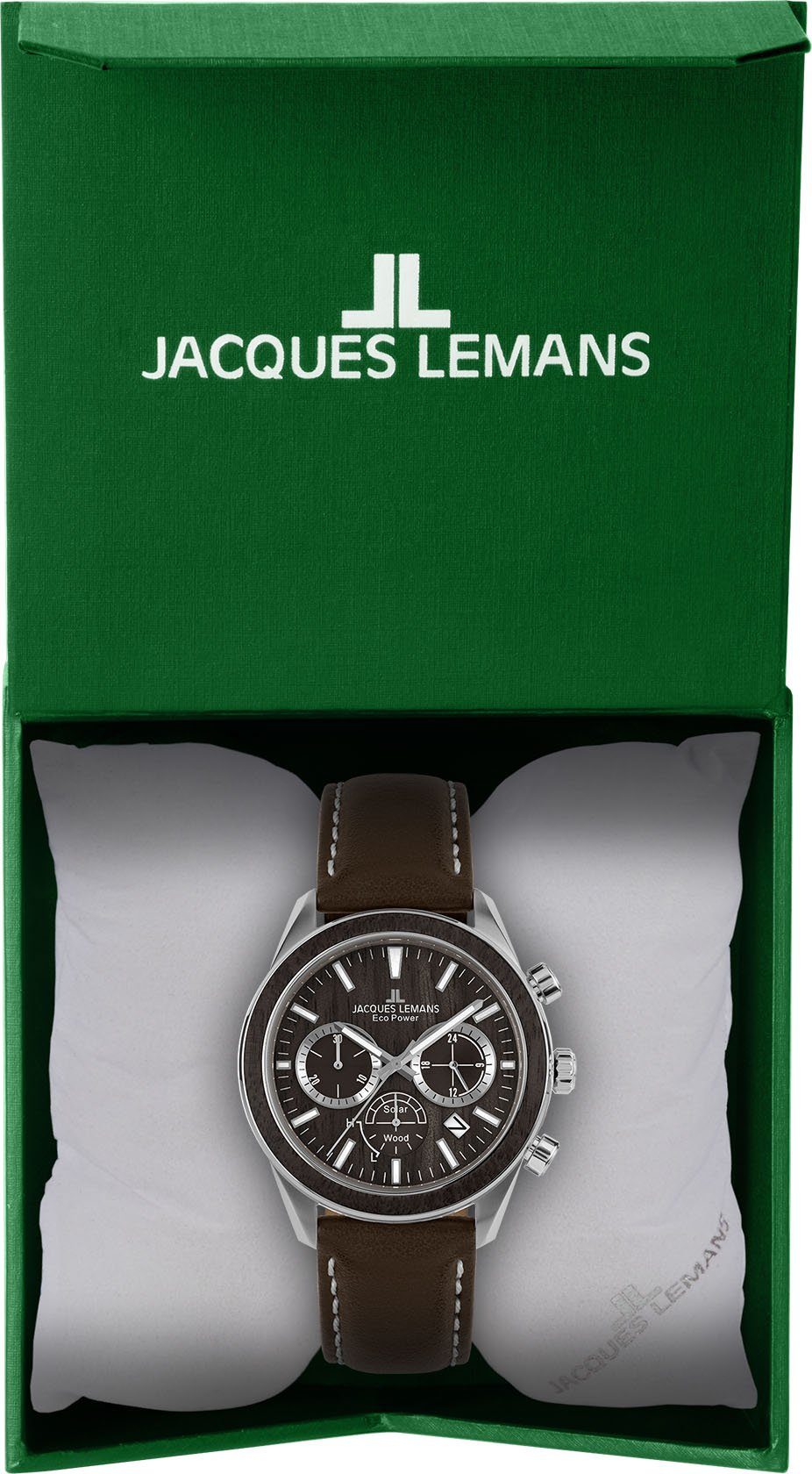 Jacques Lemans Solarhorloge Eco Power Solar Wood, 1-2115C Horloge, herenhorloge, chronograaf, datum, houten wijzerplaat