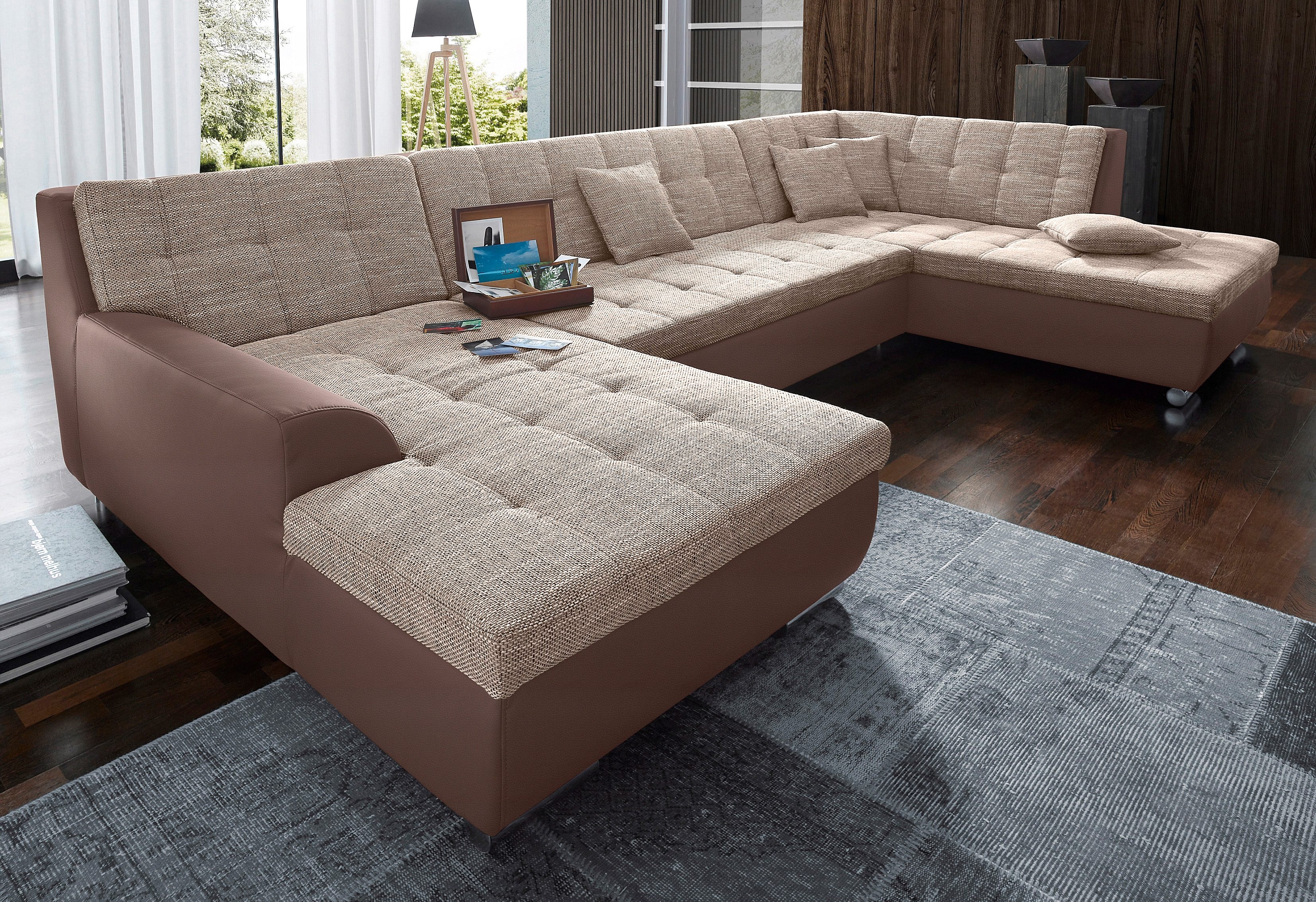 DOMO collection Zithoek Treviso inclusief sierkussen, moderne stiksels, XXL: B/D/H: 364/201/83 cm naar keuze met slaapfunctie, in vele soorten bekleding ook in cord u-model