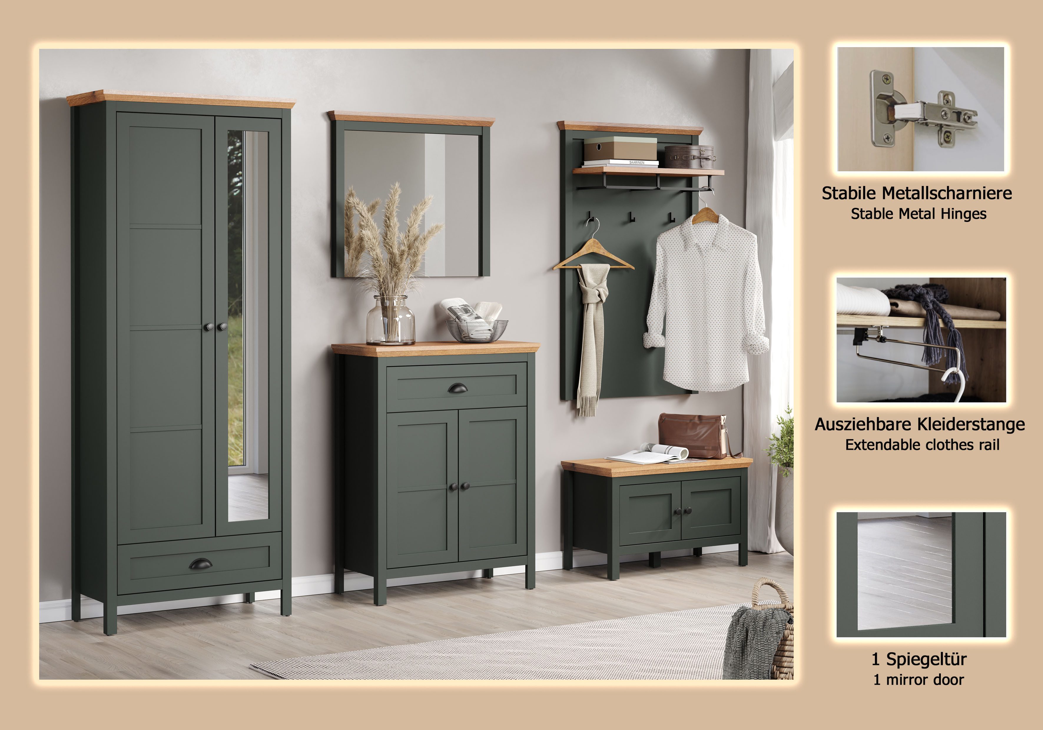 Home affaire Halmeubelset Vienna Set bestaande uit: kast, commode, schoenenbank, spiegel en paneel (5 stuks)