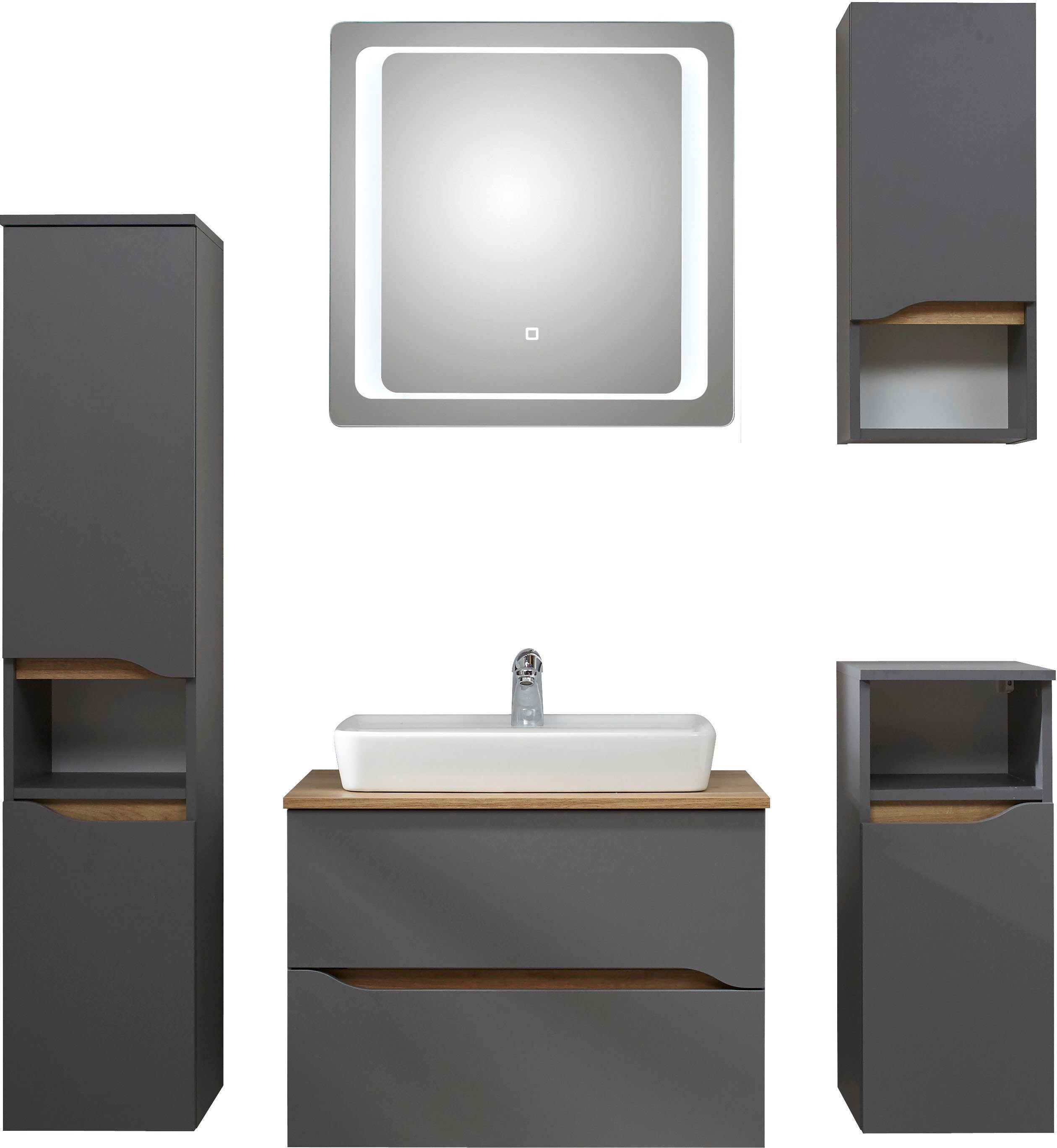 Saphir Badkamerserie Quickset 5-delig, keramieken opzetwasbak met led-spiegel Halfhoge kast, onderkast, hangend kastje, inclusief deurdemper, 6 deuren