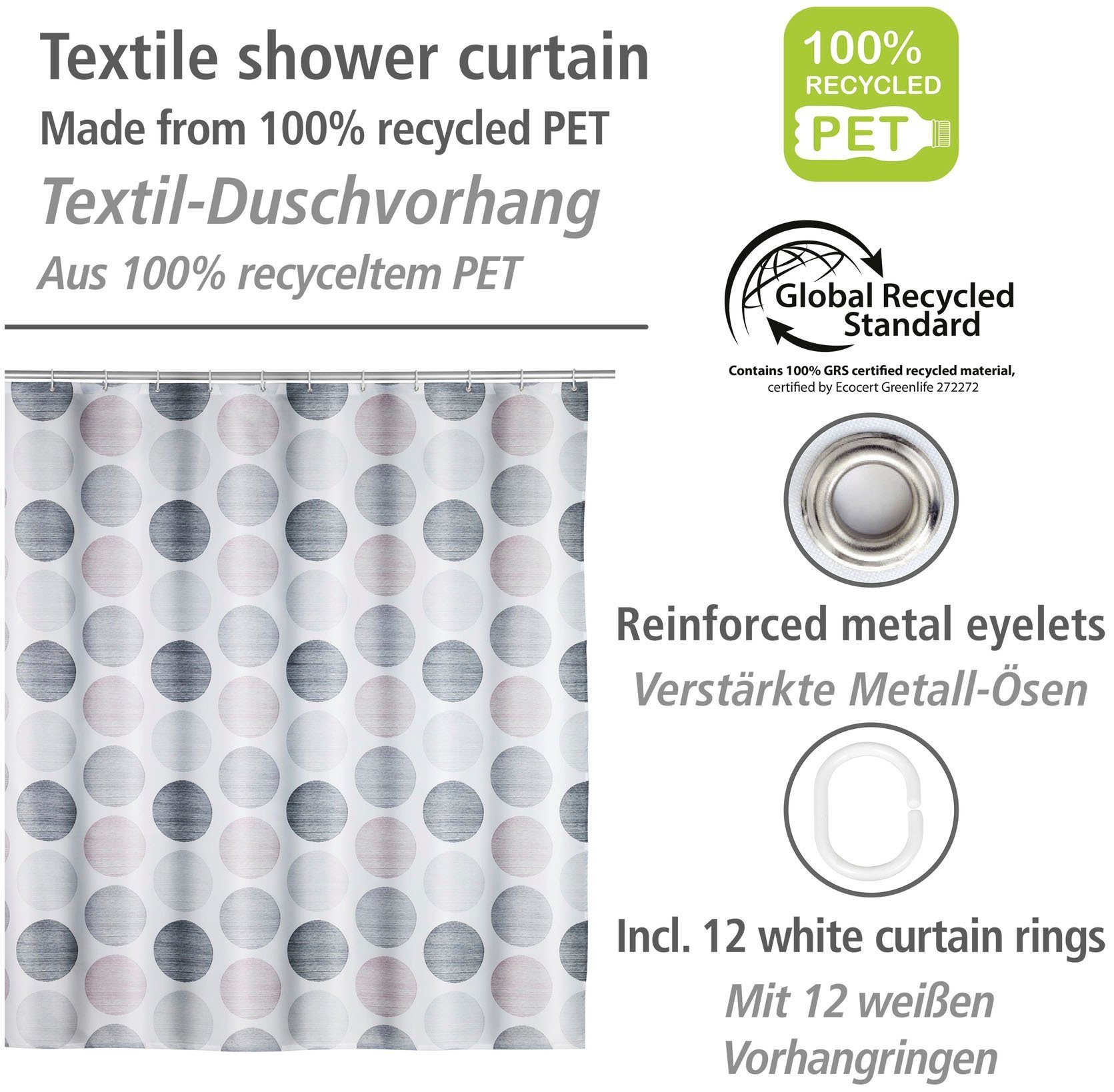 WENKO Douchegordijn Pastel Dots Hoogte 200 cm, met stippen-patroon