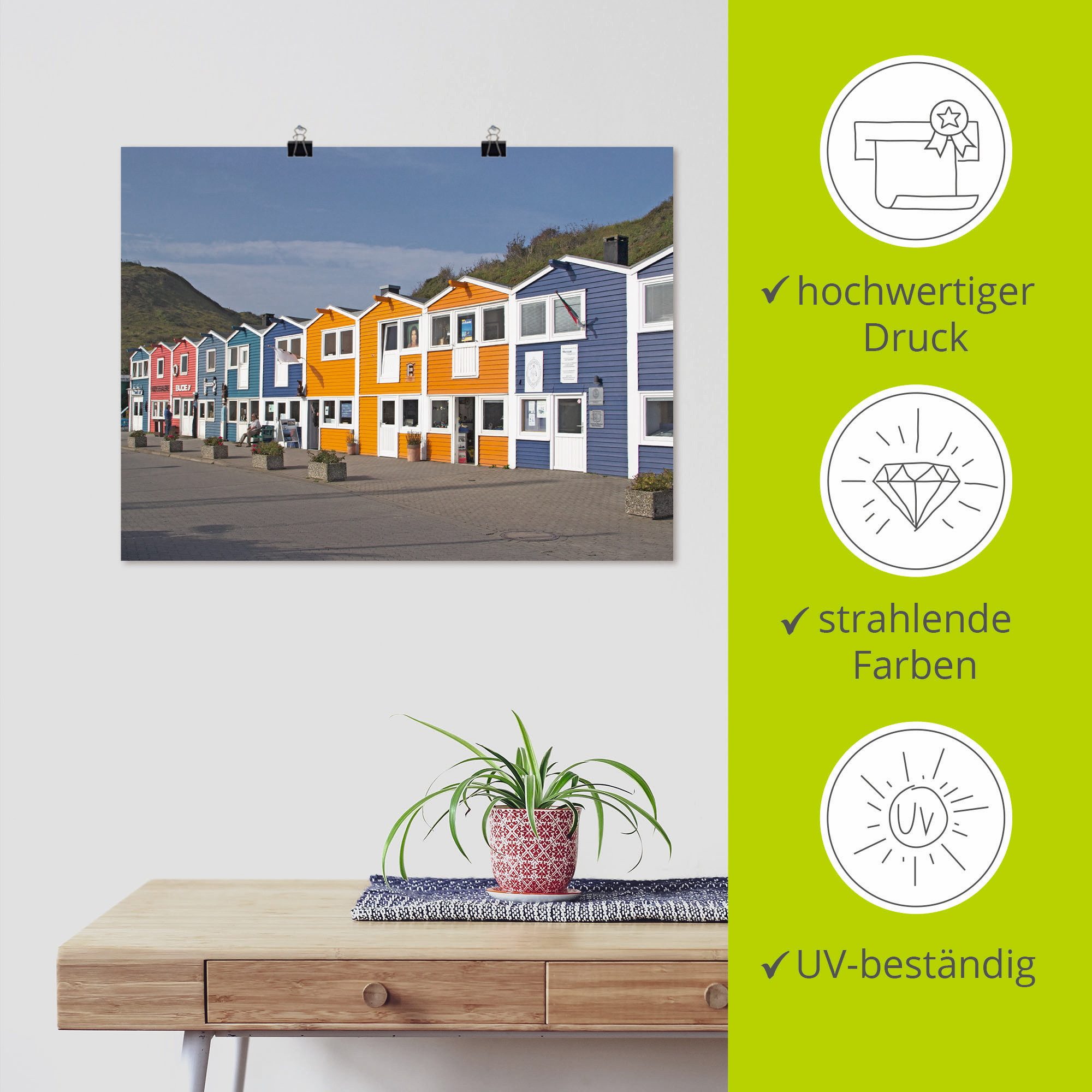 Artland Poster Veelkleurige kramen op Helgoland als artprint op linnen, muursticker of poster in verschillende maten