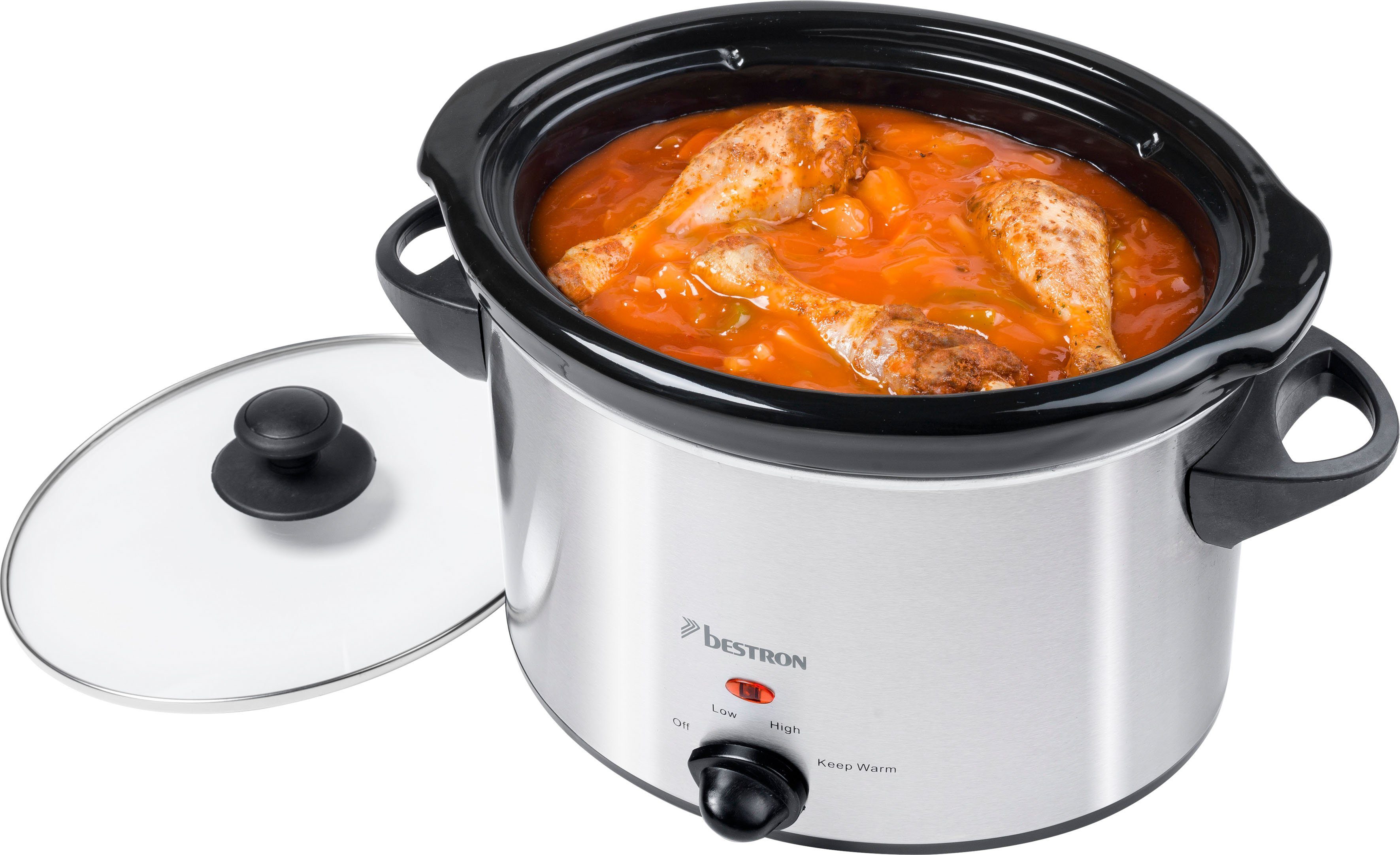 bestron Slowcooker ASC350 met keramische pan en glazen deksel, 3,5 liter, edelstaal