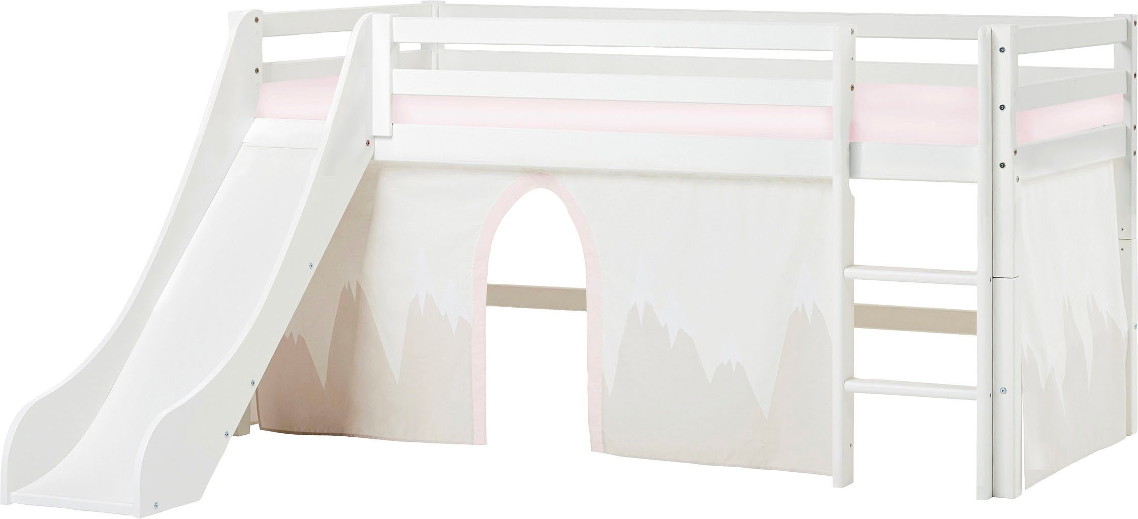 Hoppekids Hoogslaper "Winter Wonderland" 90x200 met glijbaan, gordijn & matras (set, 4 stuks) hoogslapers wit
