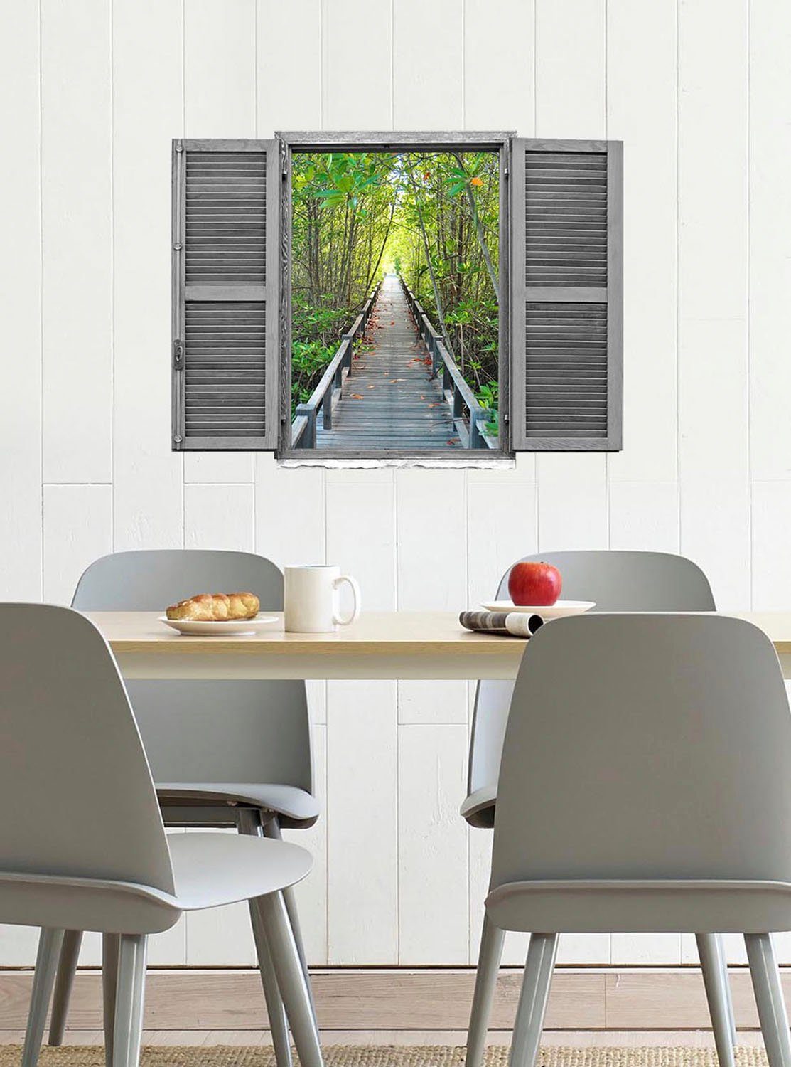 queence Wandfolie Brug in het bos Muursticker, muurdecoratie, zelfklevend, 3D, raam (1 stuk)