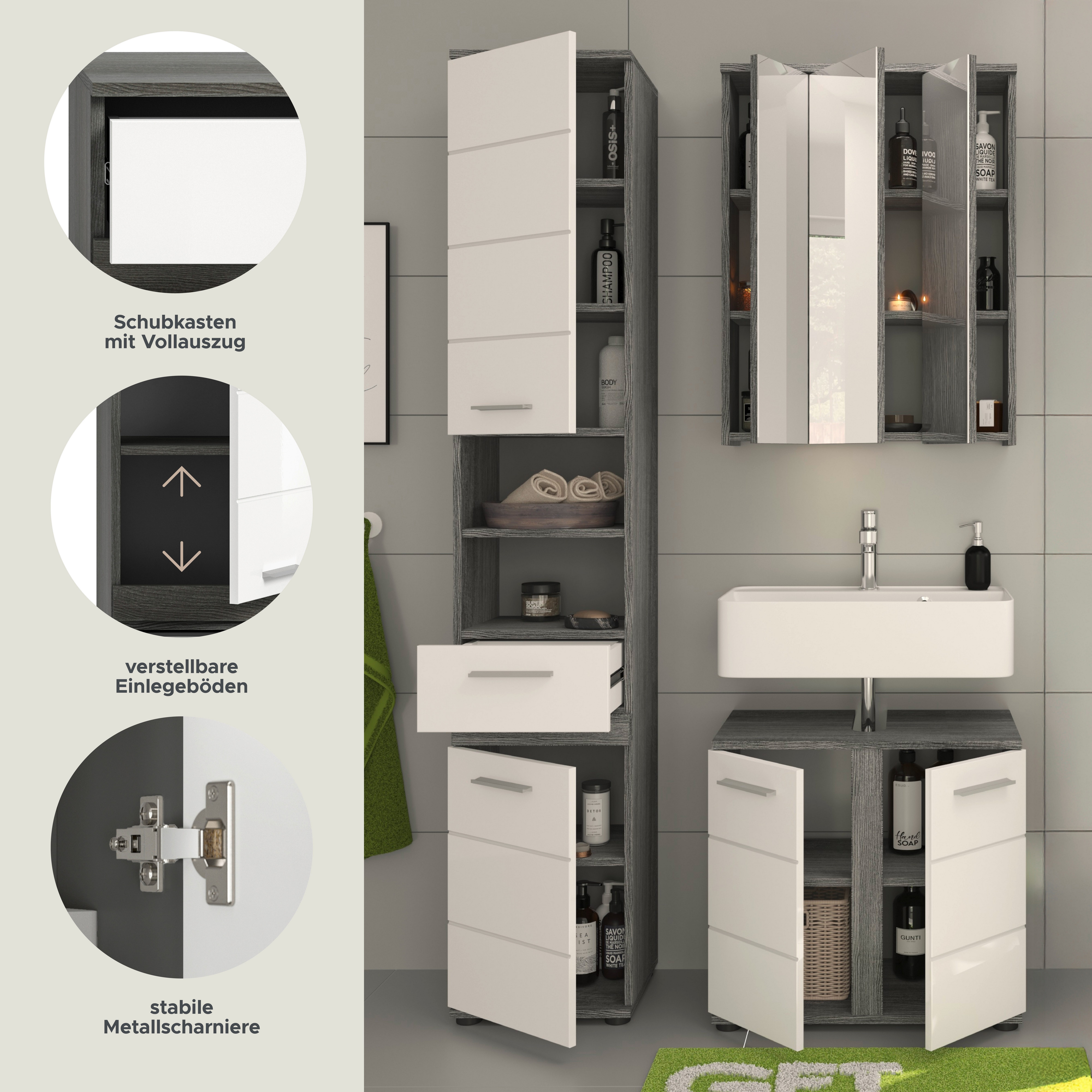welltime Badkamerserie LUCCA, 3-delig, TOPSELLER!, MDF hoogglansfront, bestaande uit: (set, 3-delig)