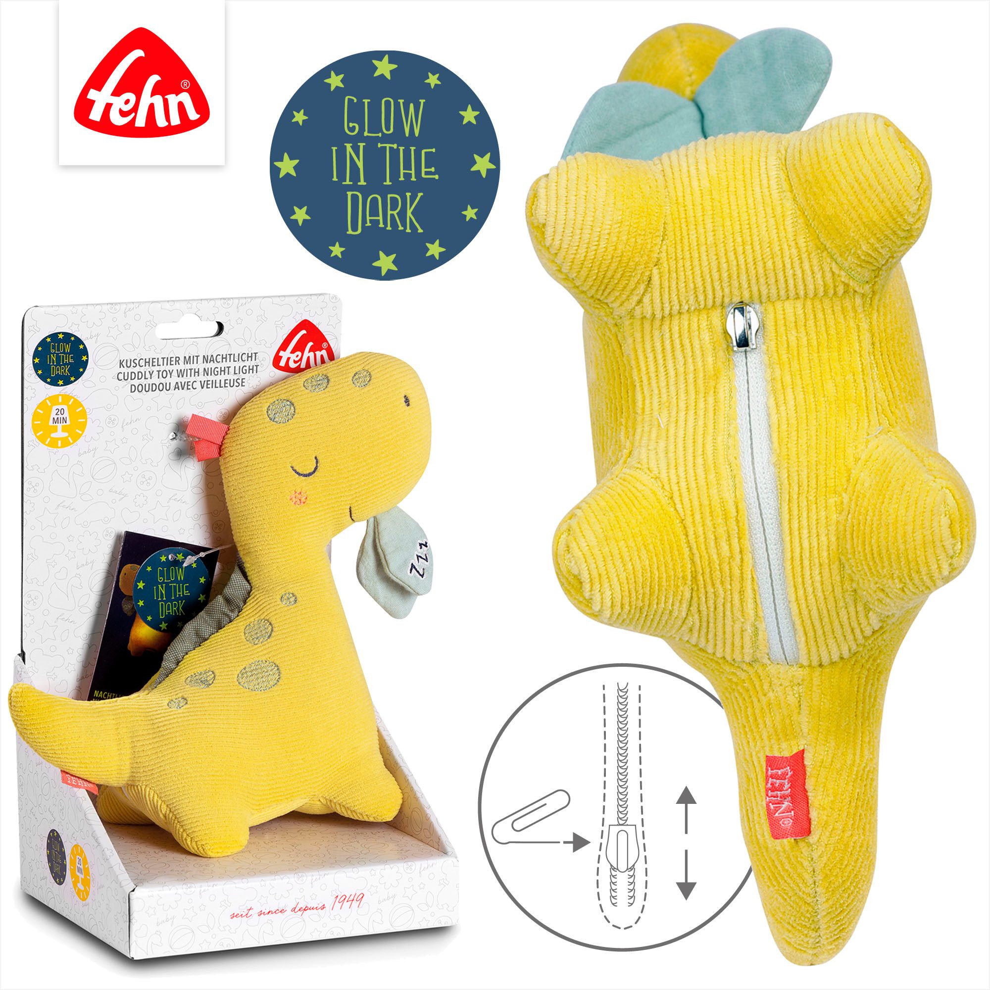 Fehn Knuffelbeest HAPPY DINO met "glow-in-the-dark"-borduursel & nachtlicht-module