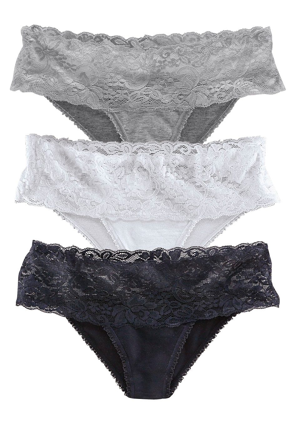 Vivance String van elastische katoen met florale kant (3 stuks)