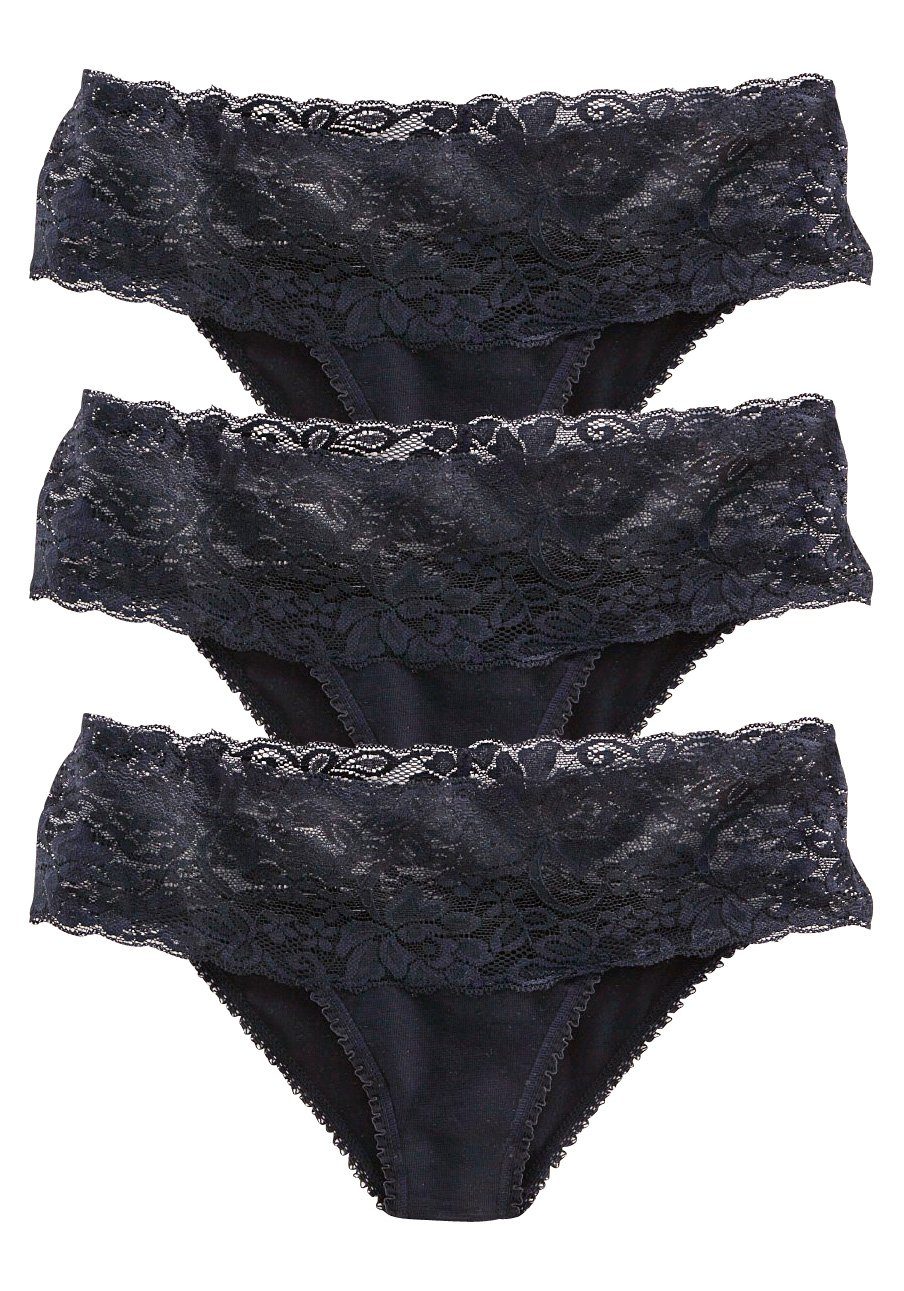 Vivance String van elastische katoen met florale kant (3 stuks) dames strings maat 36/38 zwart