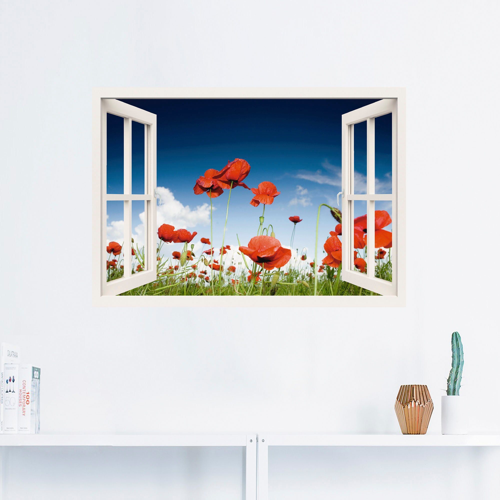 Artland Artprint Blik uit het venster veld met klaprozen als artprint op linnen, poster, muursticker in verschillende maten