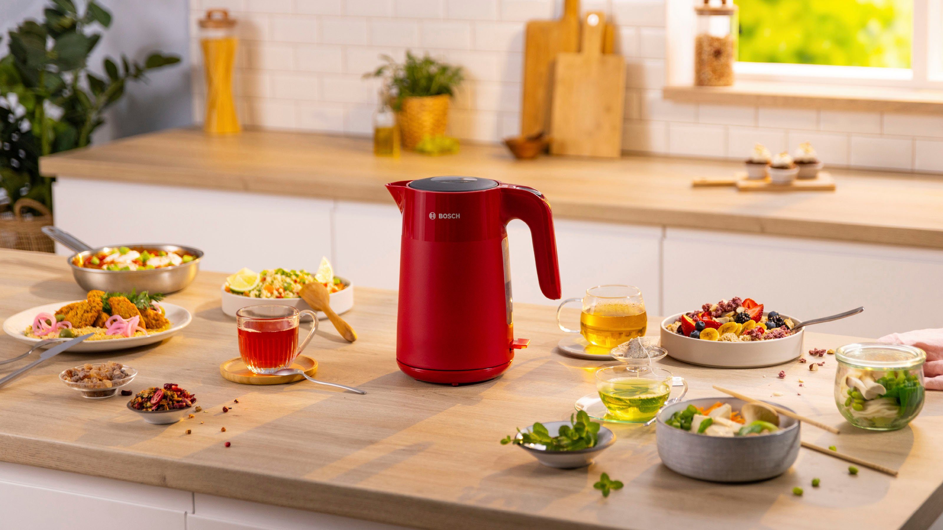BOSCH Waterkoker TWK2M164, 1,7 l, Automatische uitschakeling, weergave aantal kopjes, mat rood