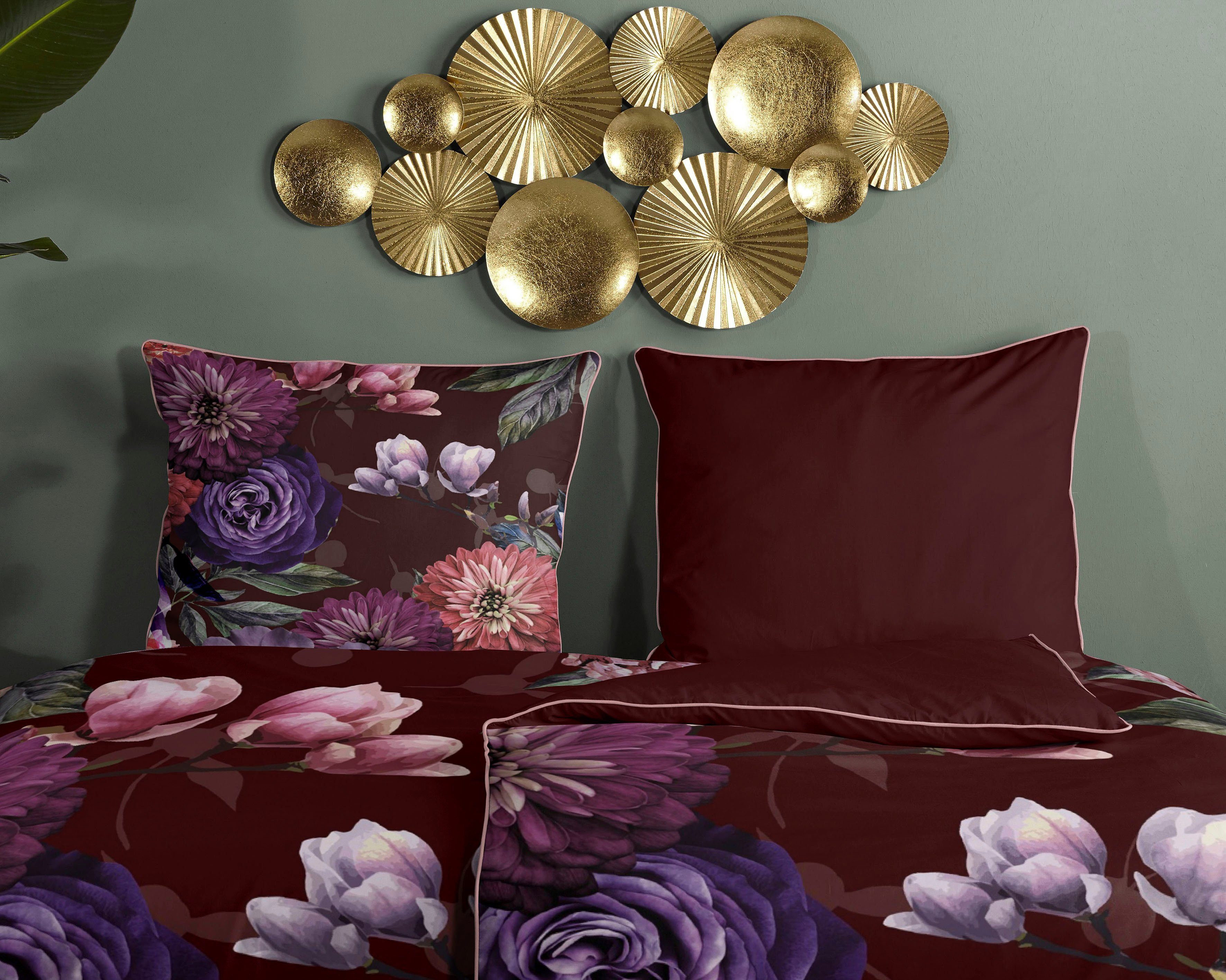 Descanso Tweezijdig te gebruiken overtrekset Bloomie Katoen, Satijn, 135x200, Bies, Rits, Omkeerbaar, Bloemen