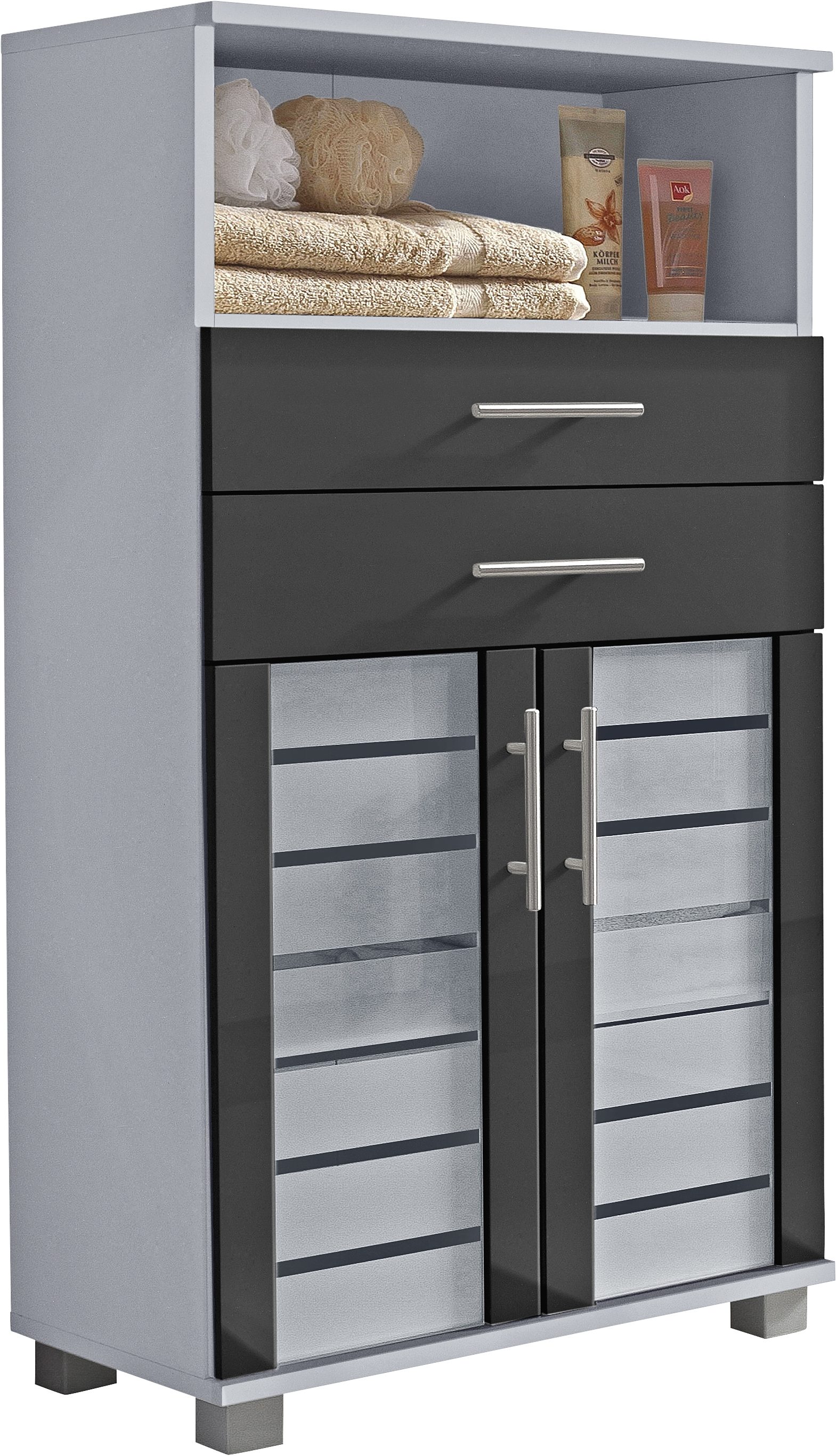 Schildmeyer Halfhoge kast Nikosia Breedte 60 cm, met glasdeuren, 2 laden, mdf-fronten, metalen grepen