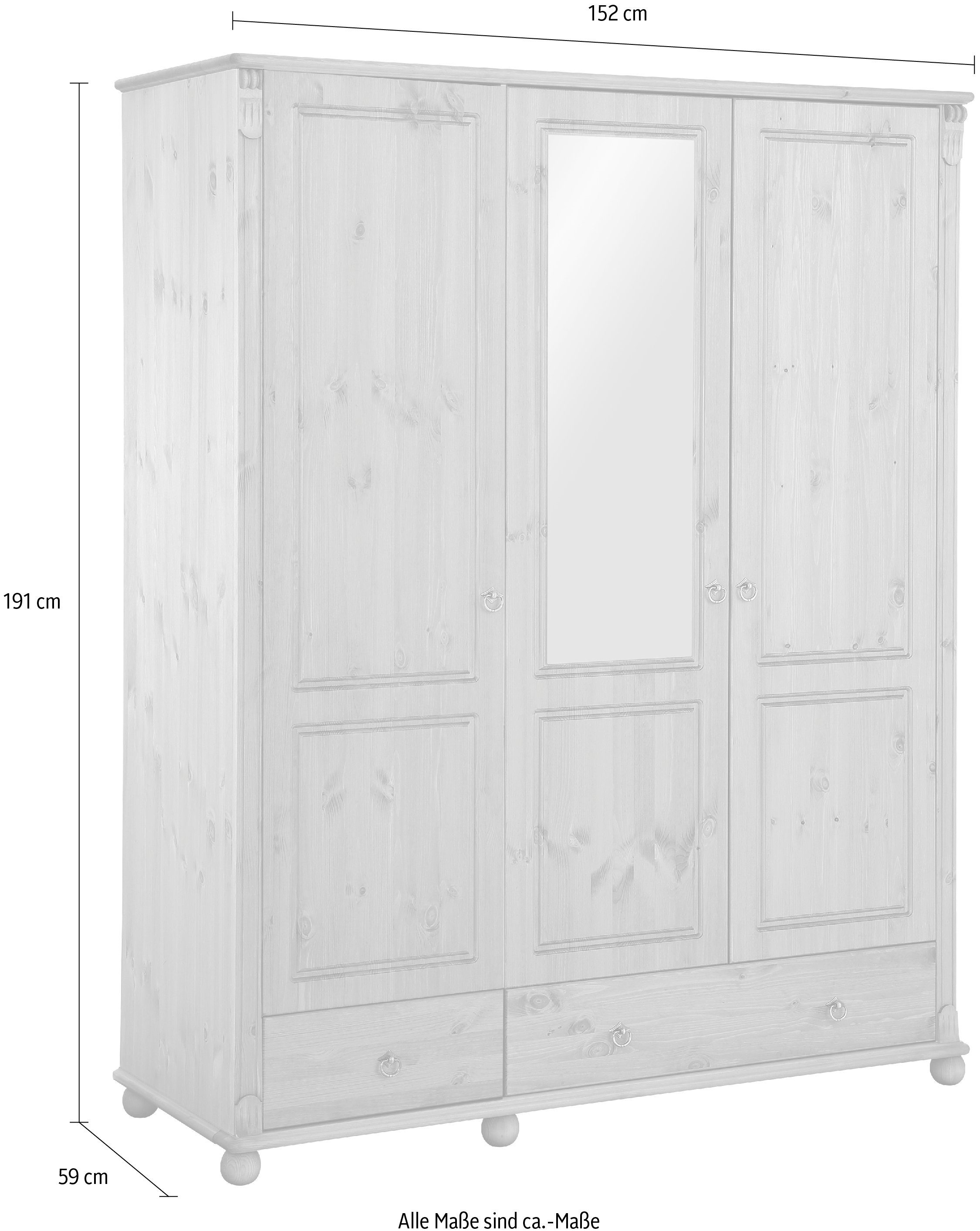 Home affaire Kledingkast Tessin, Driedeuren kast, 3-deurs Breedte 152 cm, massief grenen, met spiegel en 3 lades