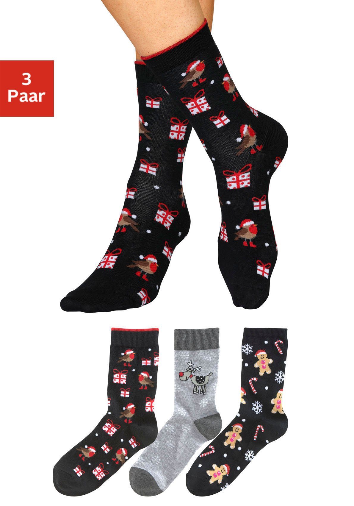 H.I.S Sokken met leuke kerstmotieven (set, 3 paar) dames sokken maat 35-38 zwart