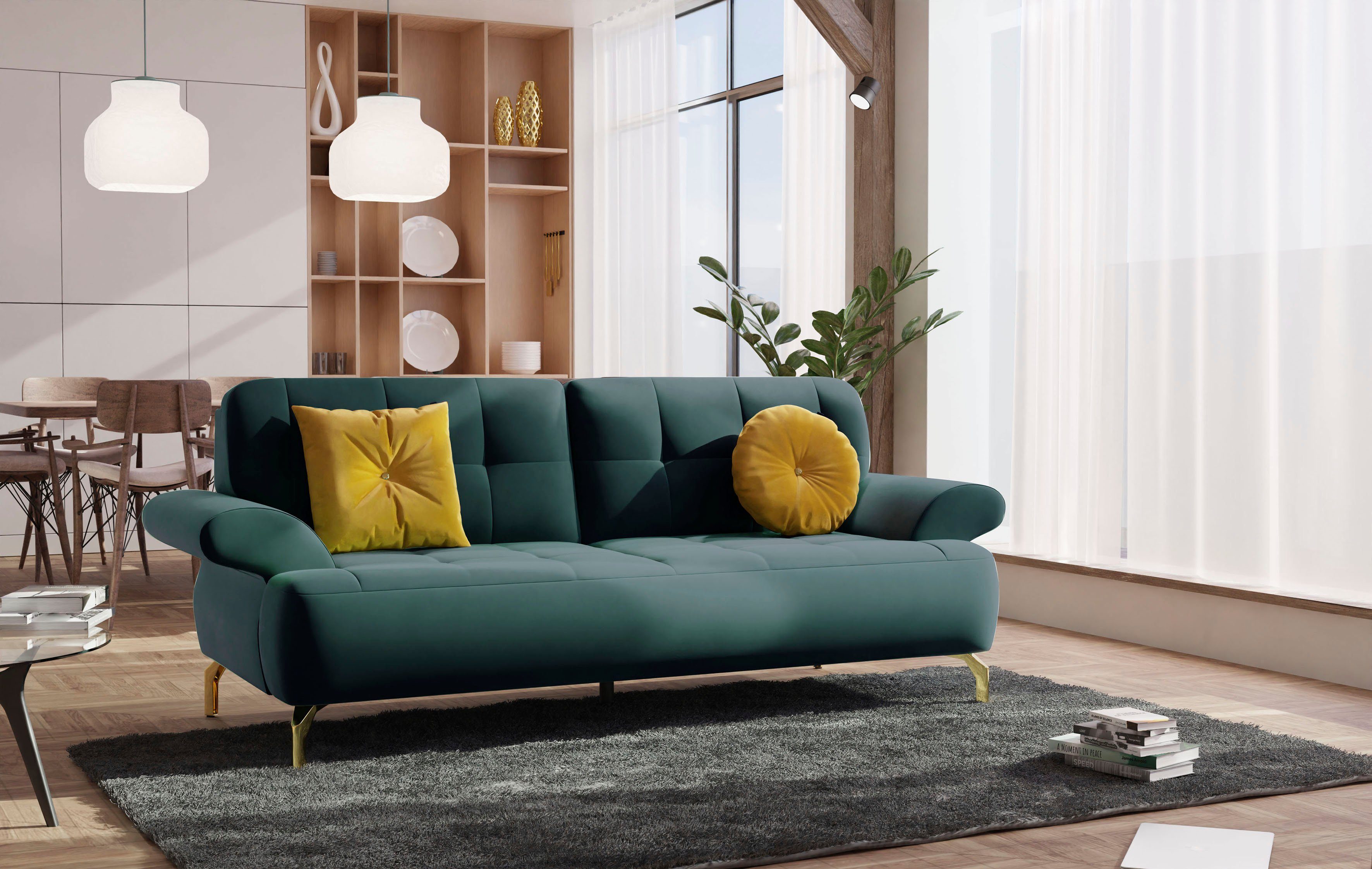 sit&more 2,5-zitsbank Orient 1 incl. 2 sierkussens met strassteentjes, goudkleurige metalen poten groen, 2-zitsbanken