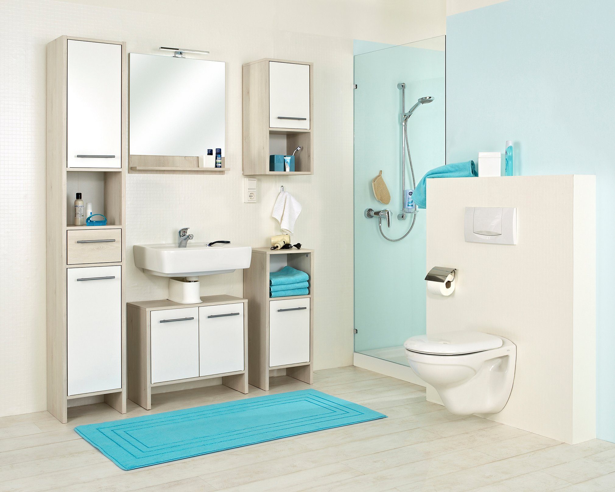 Saphir Hoge kast Quickset 350 Badkamermeubel 33 cm breed, 2 deuren, 1 lade, 1 nis Badkamer hoge kast, licht dennenhout Ida, handgrepen in aluminiumkleur (1 stuk)