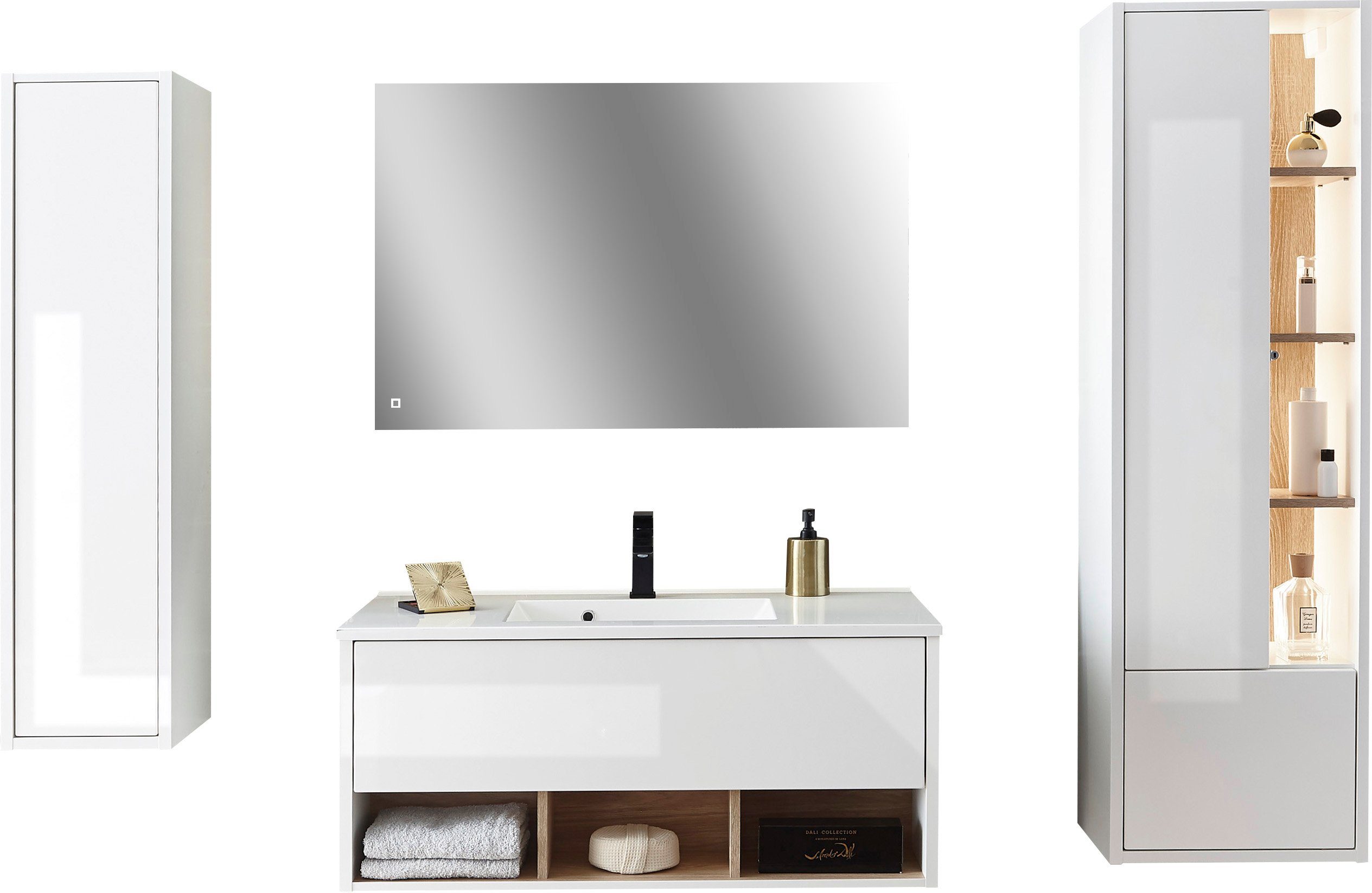 Places of Style Badkamerserie Studio Line, bad in modern ontwerp, 4-delig badkamer Kast, wastafel en spiegel, in twee kleuren beschikbaar, opbergruimte (4-delig)