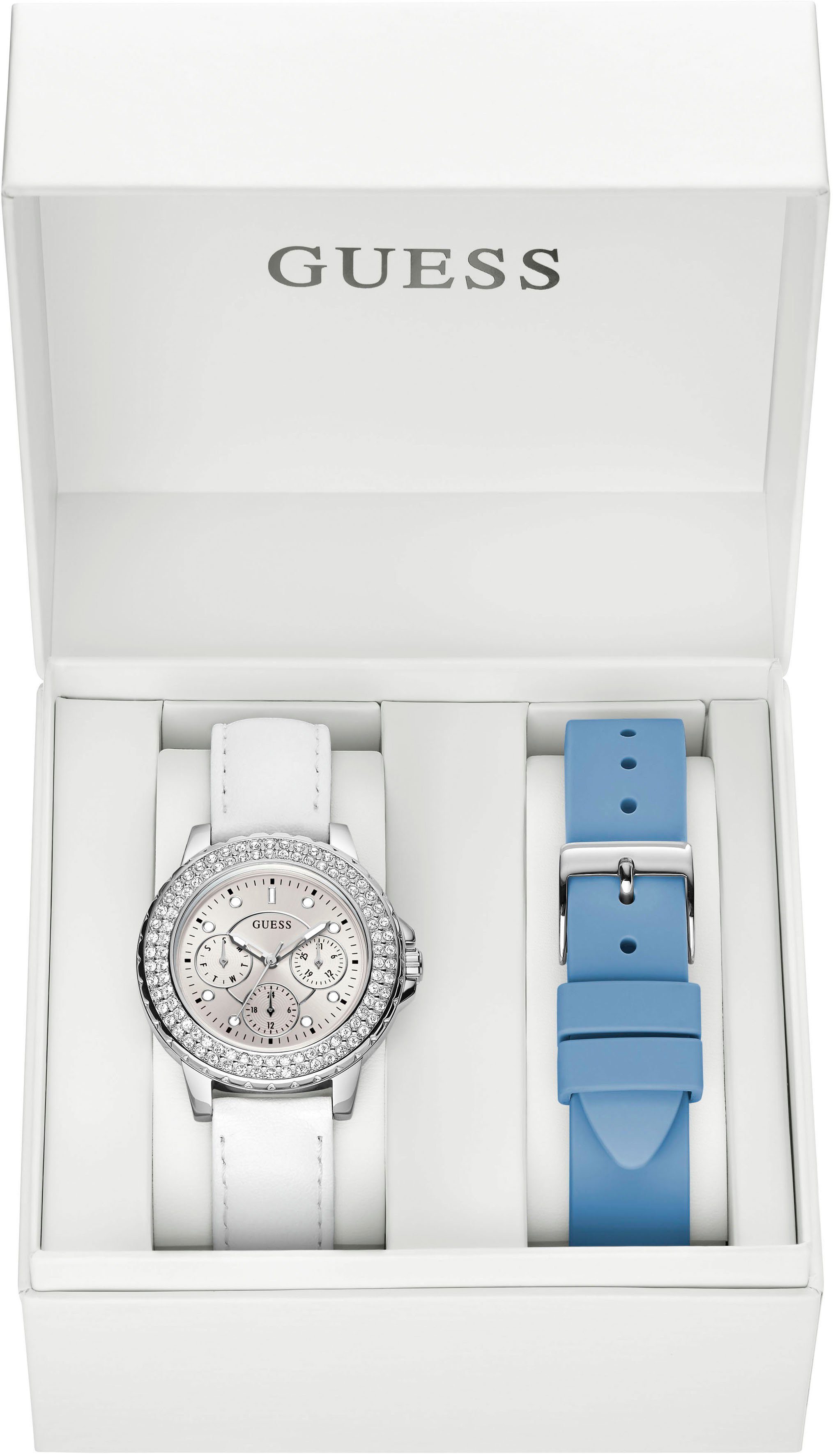 Guess Multifunctioneel horloge CROWN JEWEL Horloge, quartzhorloge, dameshorloge (set, 2-delig, Met zwart siliconen verwisselbaar bandje)
