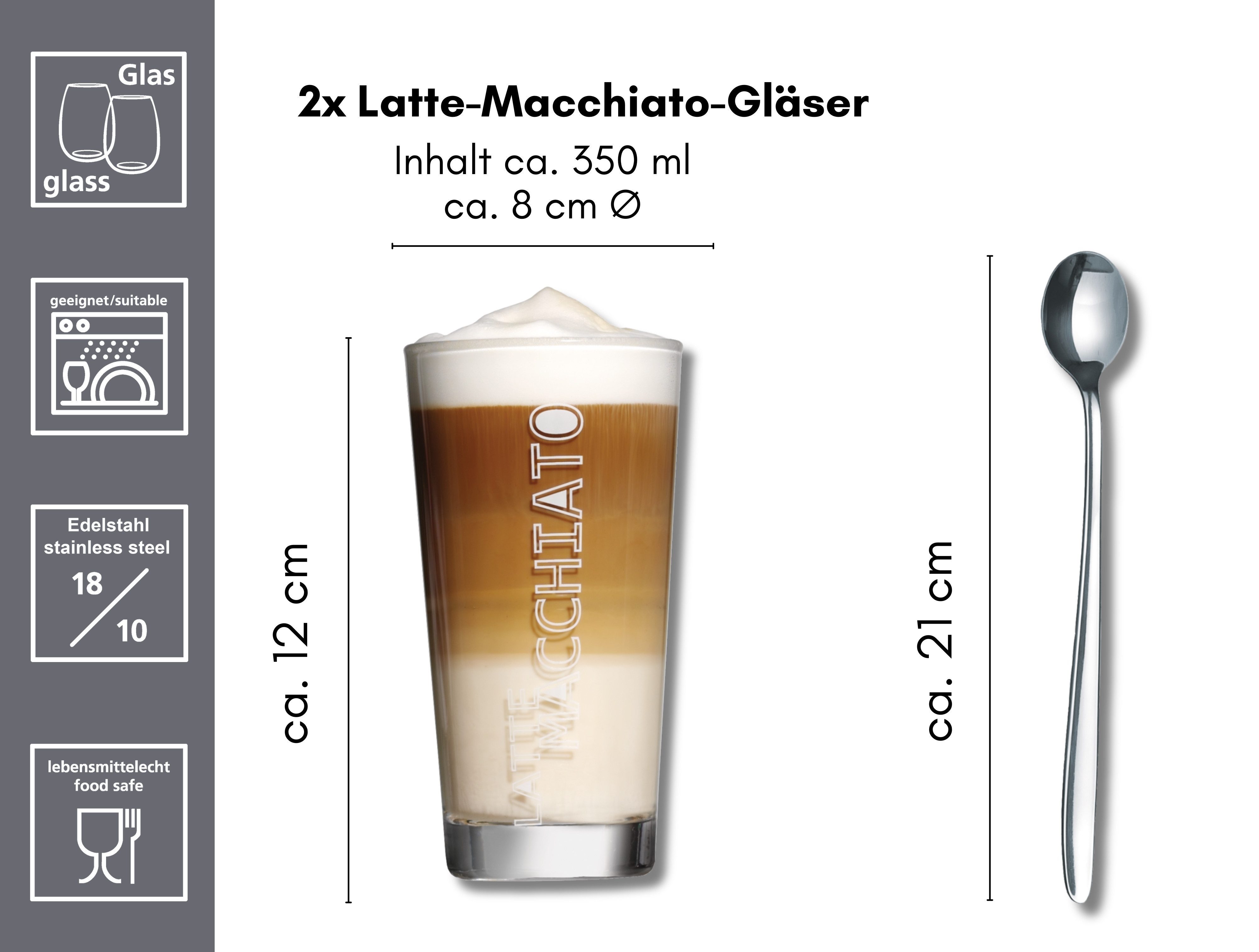 Ritzenhoff & Breker Latte macchiato glas LENA 350 ml, 4-delig, inclusief 2 lepels van roestvrij staal (set, 4-delig)