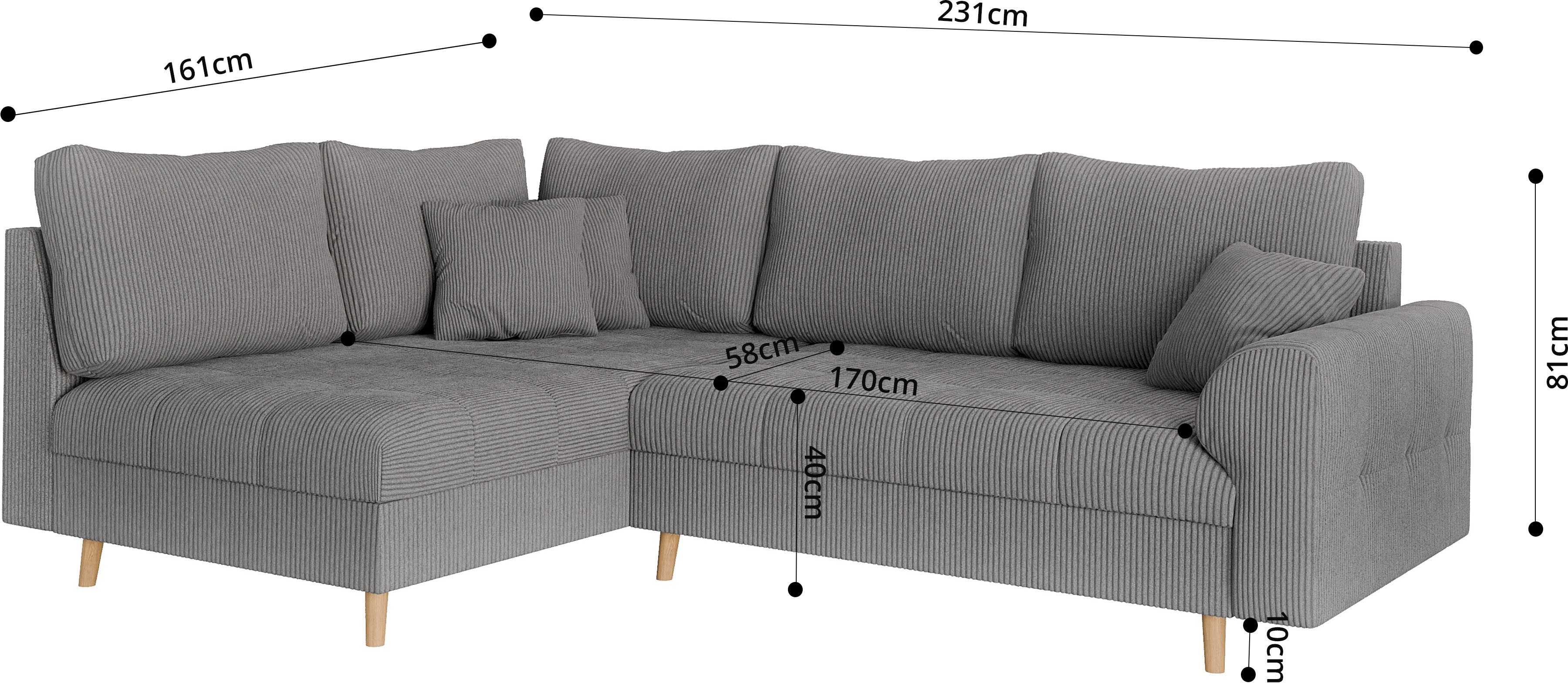 Home affaire Hoekbank CHARRE L-vorm met ottomane, afmetingen B/D/H: 231/161/81 cm fijne stiksels, losse rug- en sierkussens, ook in cord en bouclé
