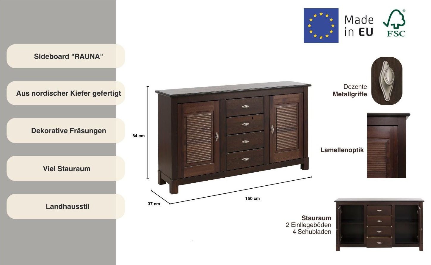 Home affaire Dressoir Rauna Commode, B/D/H: 150/37/84 cm