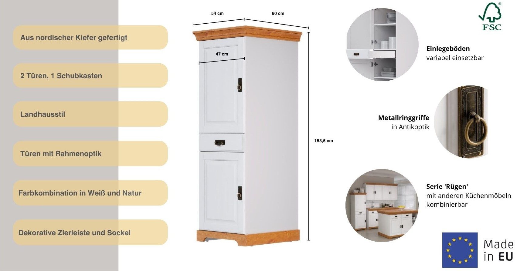 Home affaire Provisiekast Rügen Breedte 47 cm, massief grenen, 2 deuren, 1 lade