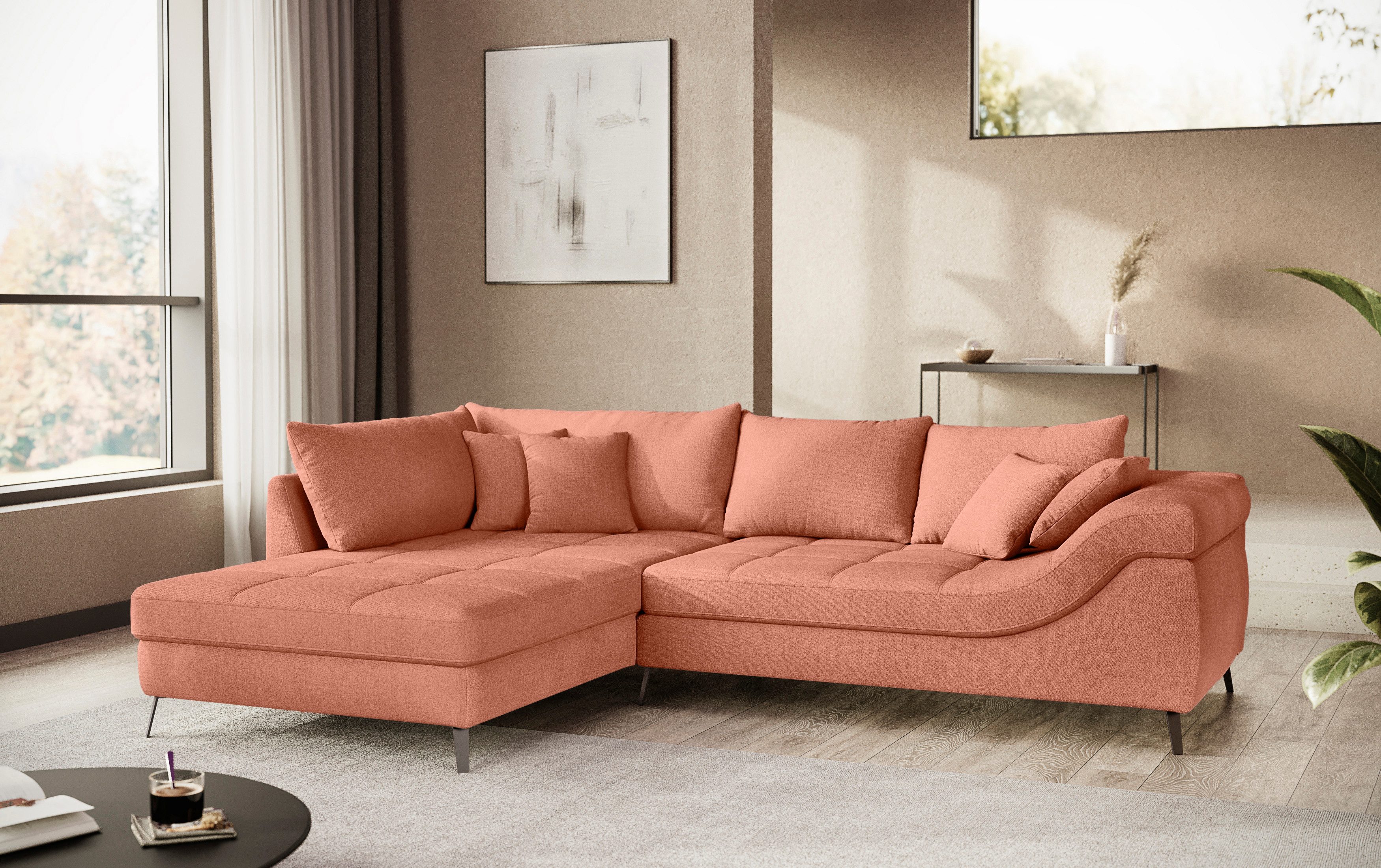 Mr. Couch Hoekbank Portofino L-vorm 4 bekledingskwaliteiten, 13,5 cm hoge metalen profielvoeten in mat zwart
