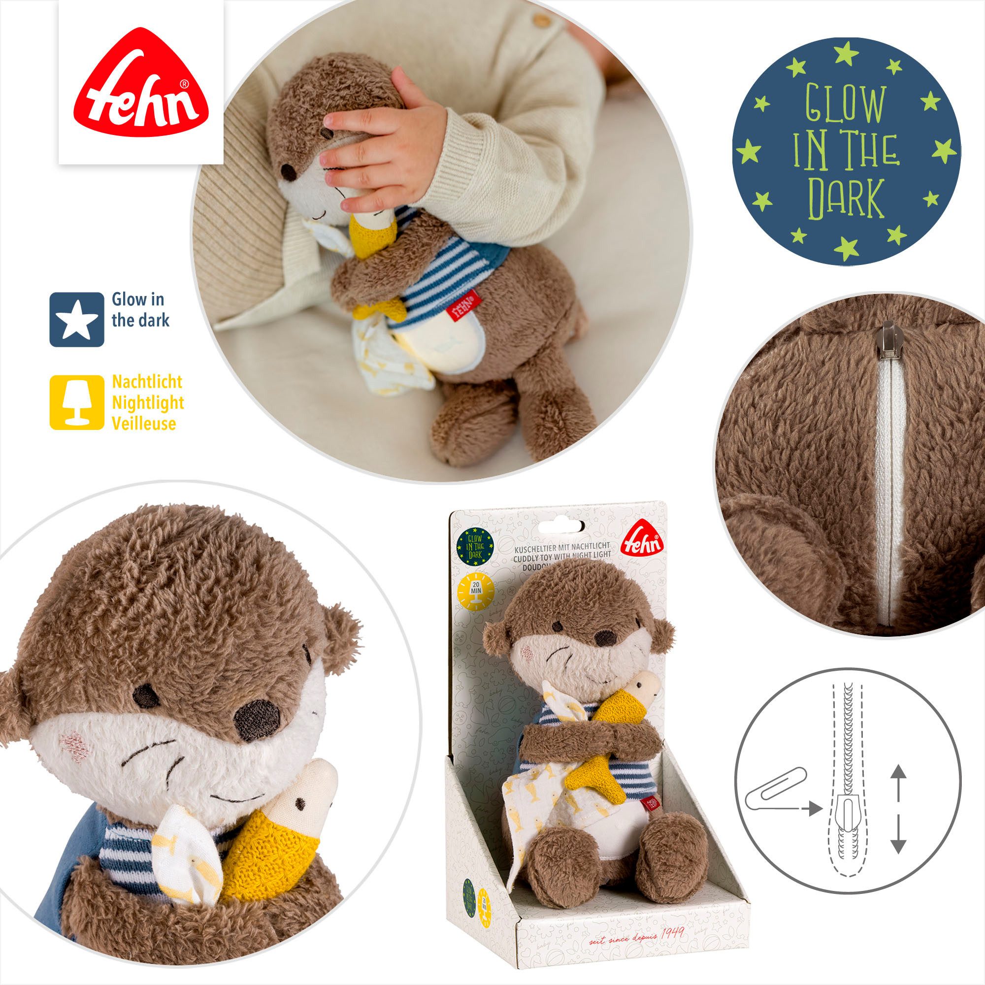 Fehn Knuffelbeest Otter Theo, nachtlicht met "glow-in-the-dark"-borduursel & nachtlicht-module