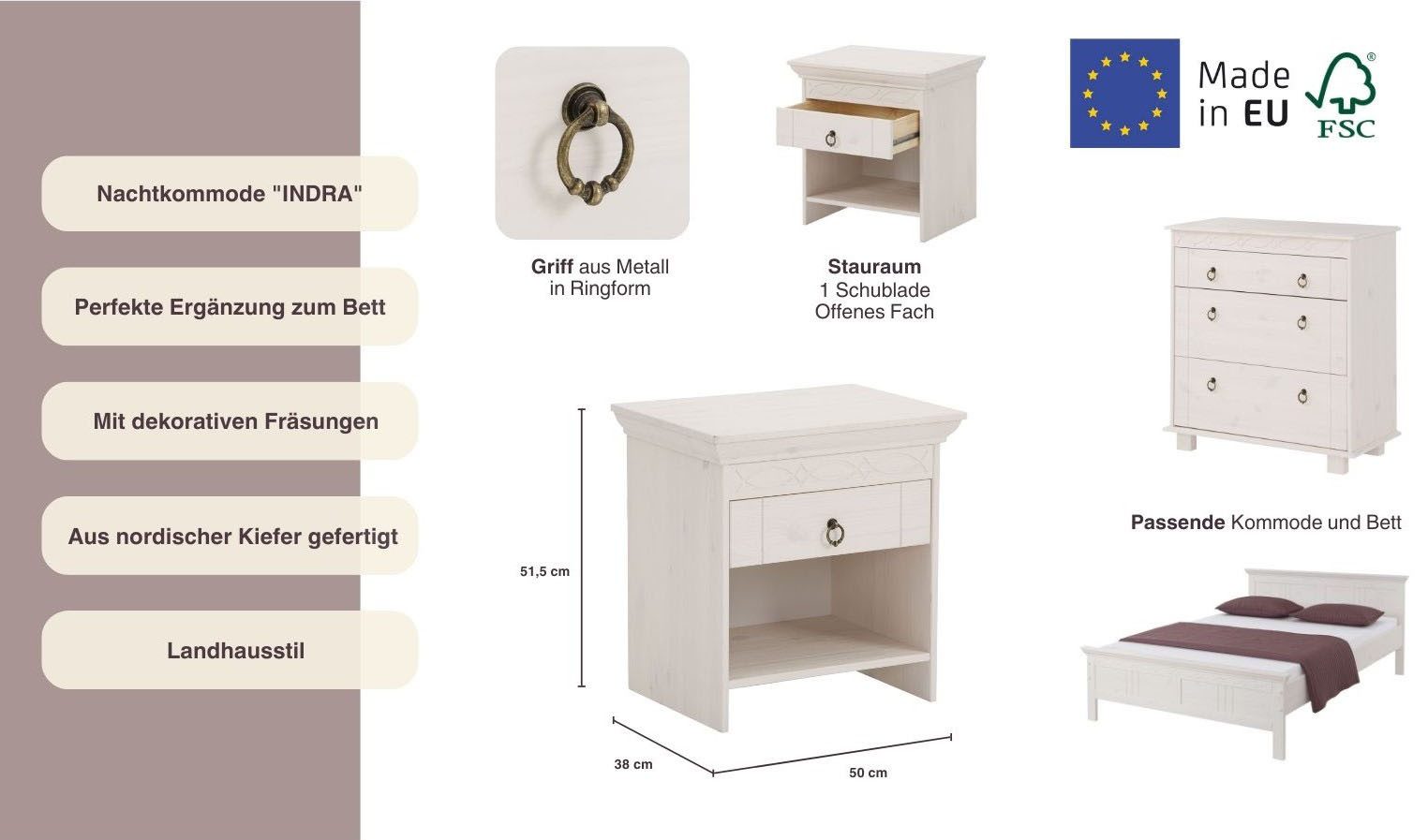 Home affaire Nachtkastje Indra Nachtkastje met decoratief freeswerk, breedte: 50 cm
