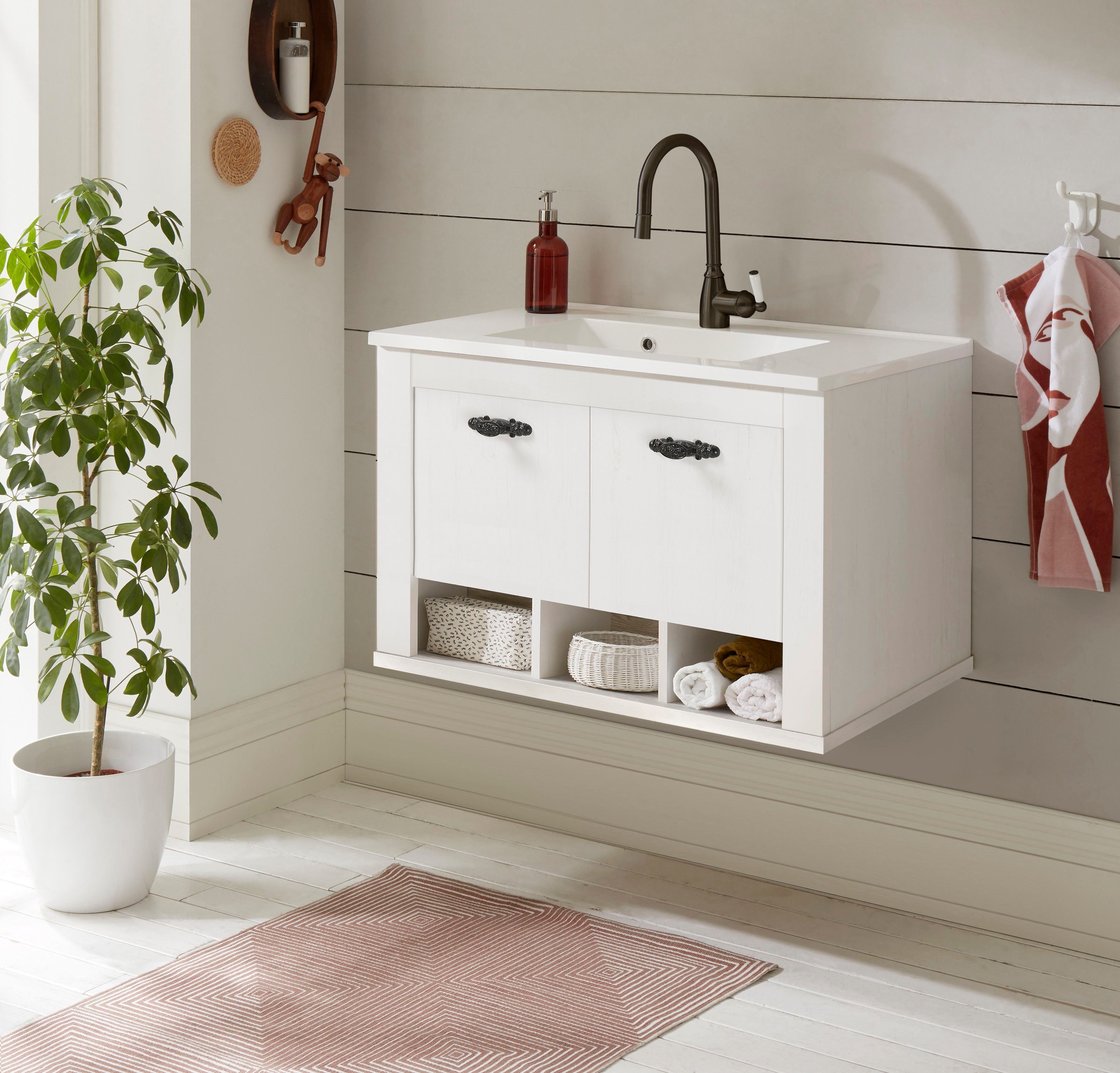 Home affaire Wastafelonderkast Florenz, wastafelonderkast incl. wastafel, metalen handgrepen in pinie wit, hangend, breedte 82 cm, incl. mineraalgietbekken