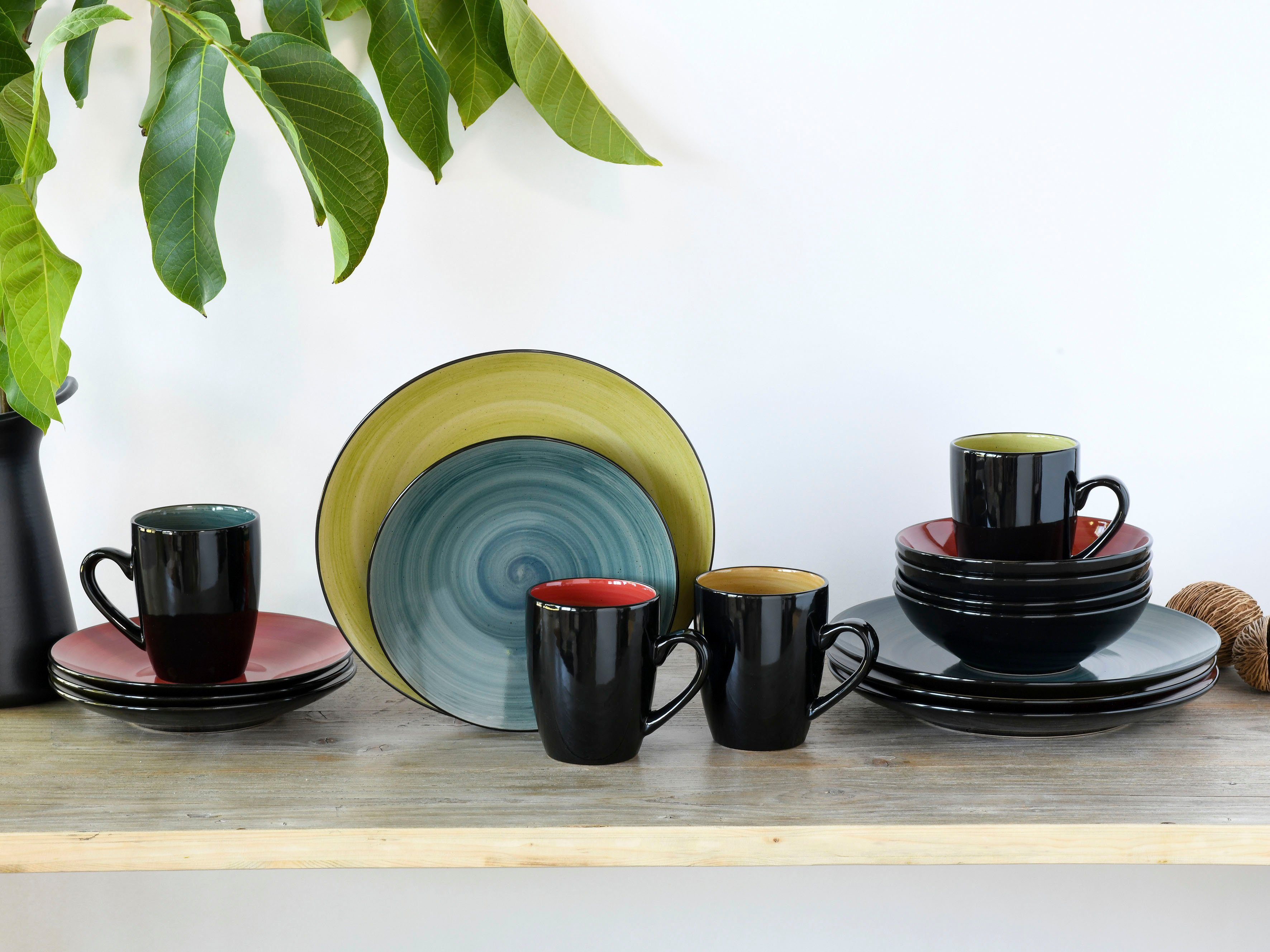 CreaTable Combi-servies Servies-set Samoa Servies, met de hand geschilderde spiraaldecoratie, 16 delen, voor 4 personen (set, 16-delig)